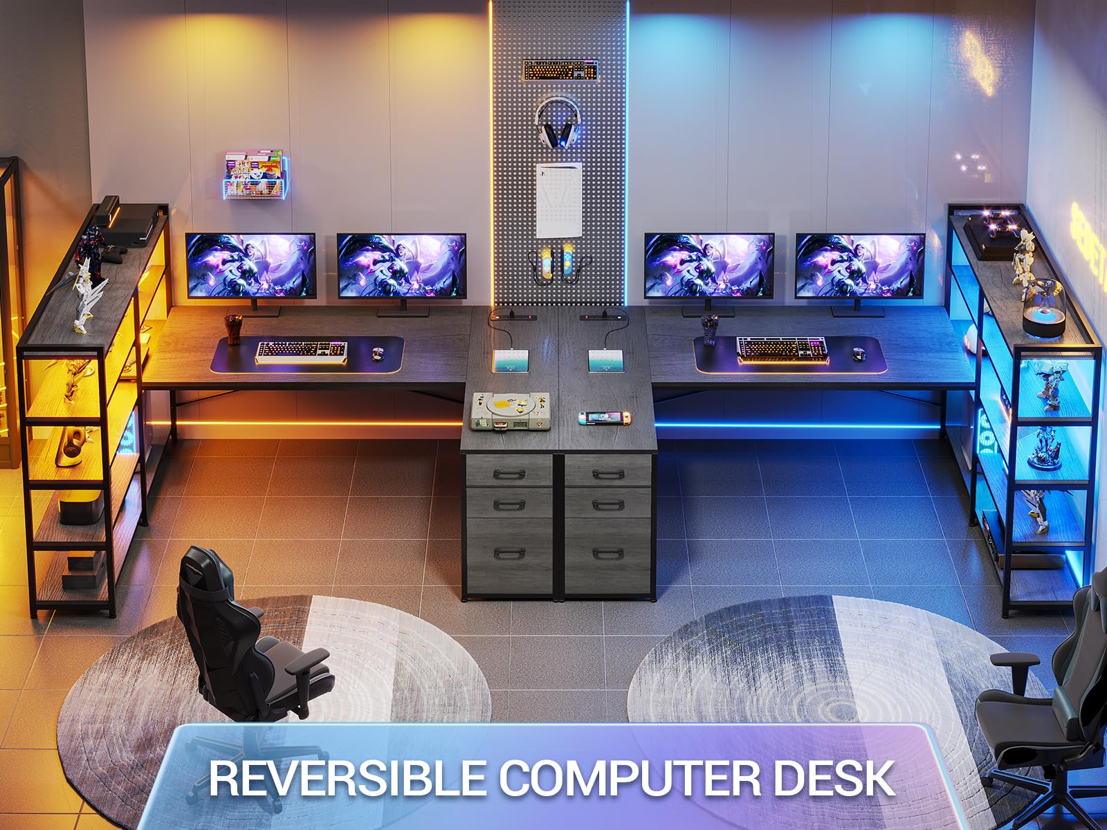 SEDETA L Shaped Gaming Desk, Reversible U Shaped Computer Desk with Power Outlet and Storage Shelves, Corner Gaming Desk with LED Lights, 3 Fabric Drawers, Black