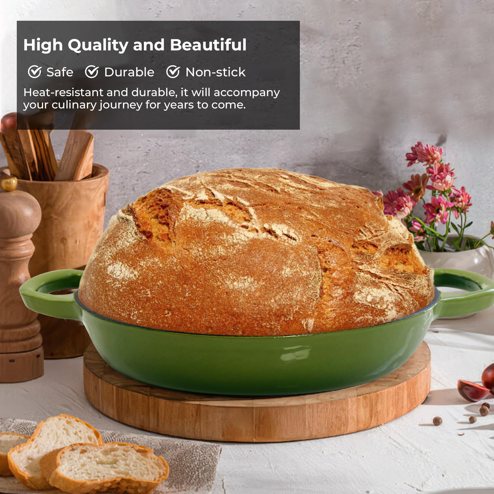 Cast Iron Bread Oven for Sourdough, 6Qt Bread Baking Pan with Lid, Enameled Sourdough Dutch Oven for Bread Baking, Oven Safe up to 482℉, Green