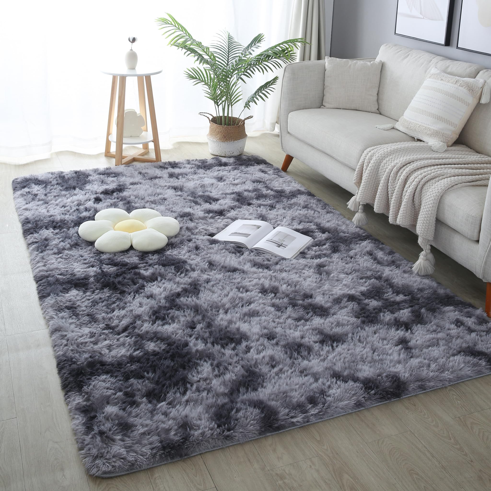 KICHOWUA Thick Area Rug Black Fluffy Shag 3x5 for Bedroom, Ultra Soft Thickened Plush Washable Carpet, Non-Slip Cozy Shaggy Fuzzy Rug for Living Room Nursery Dorm Playroom Kids Baby Room
