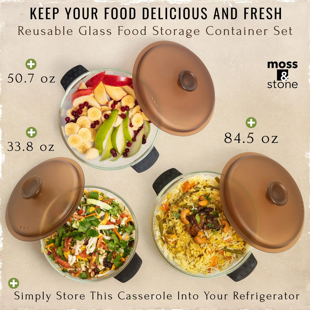 Moss & Stone 6-Piece Clear Glass Casserole Dishes for Oven With Lids, Durable Tempered Borosilicate Glass Bakeware Set, Microwave Safe, 3 Round Sizes for Cooking, Serving & Storage