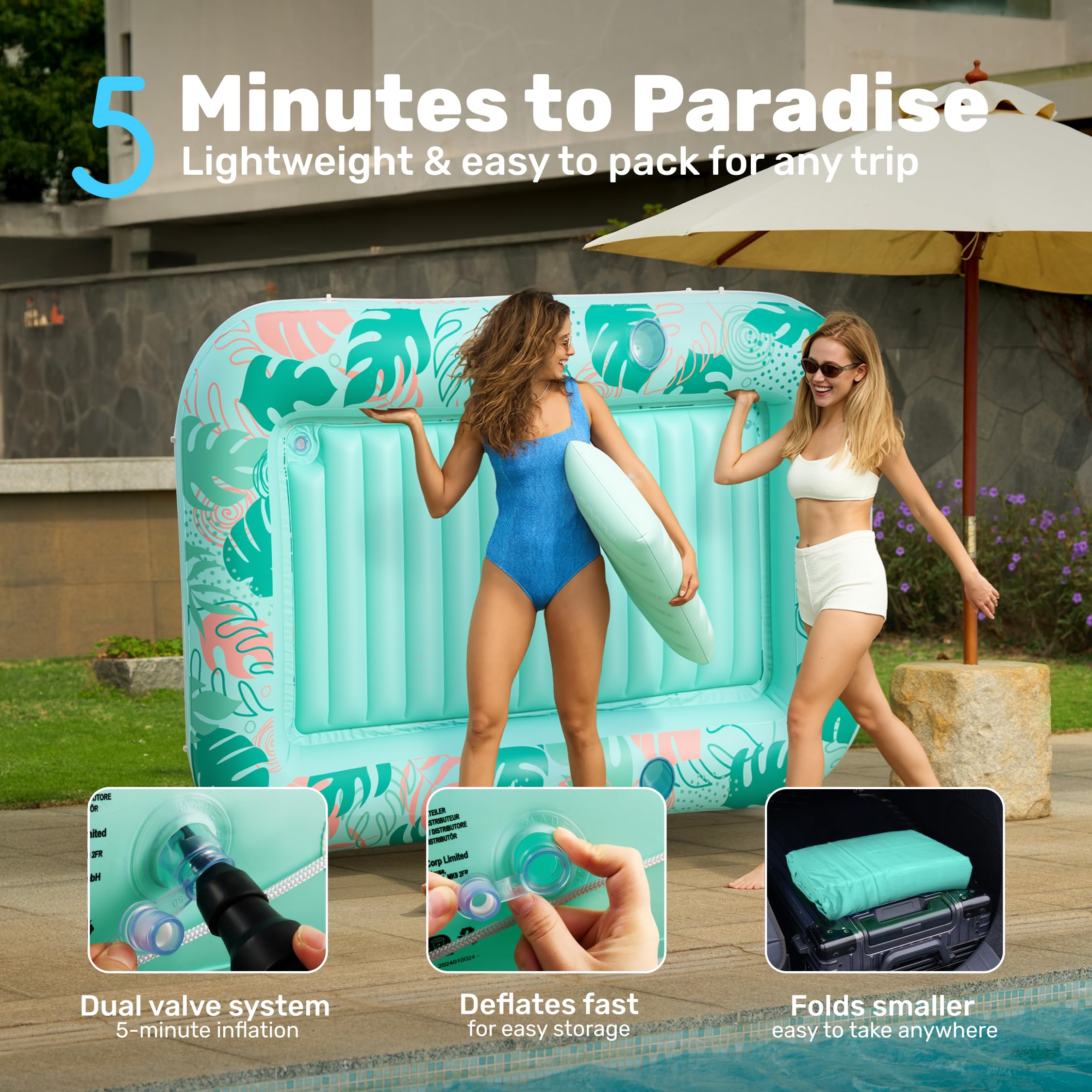 SLOOSH Inflatable Tanning Pool Lounger Float, 85" x 57" Extra Large Pool Floats Adult with Pillow, 4 in 1 Suntan Tub Raft Floatie,Sunbathing Bed Lounge for Water Blow Up Ball Pit Party Gifts, XL-Blue