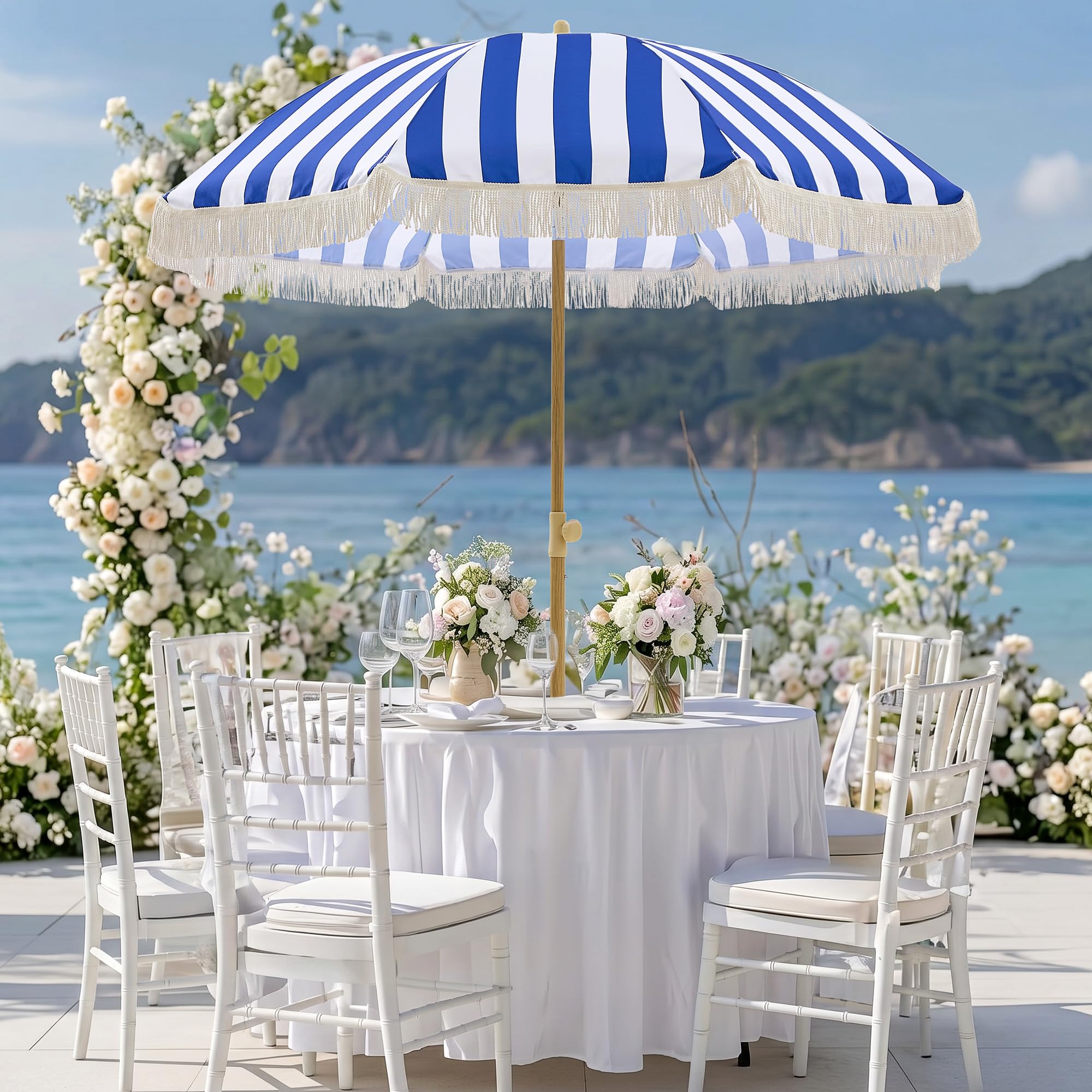 6.5FT Boho Patio Umberlla with Fringe,UPF50+ Outdoor Umbrella with Fiberglass Ribs and Push Button Tilt,Tassels Umbrella for Beach,Terrace,Picnic