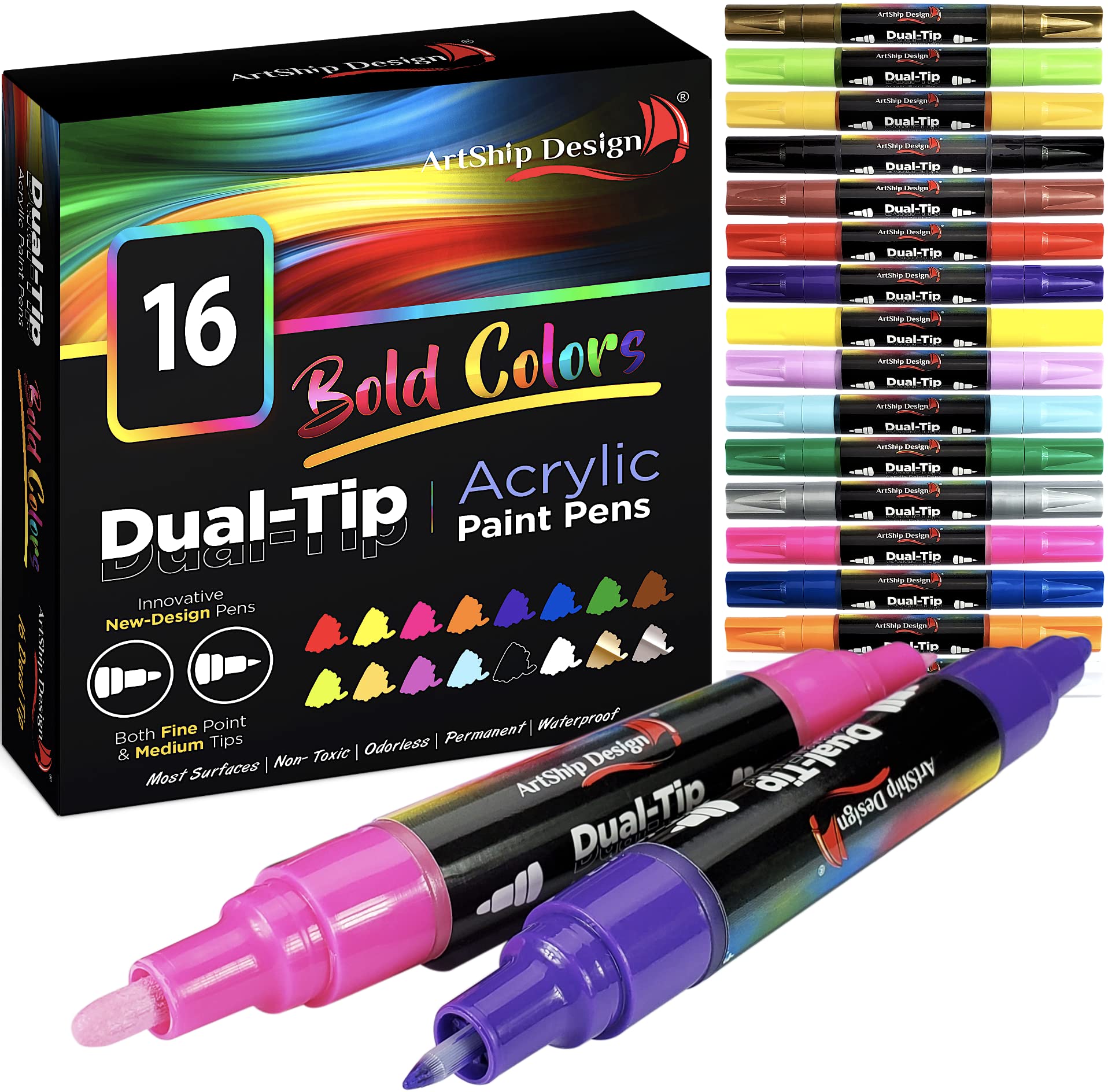 ArtShip Design 10 Black Acrylic Paint Pens, Double Pack of Both Extra Fine and Medium Tip Paint Markers, for Rock Painting, Mug, Ceramic, Glass, and Fabric Painting, Water Based Non-Toxic and No Odor