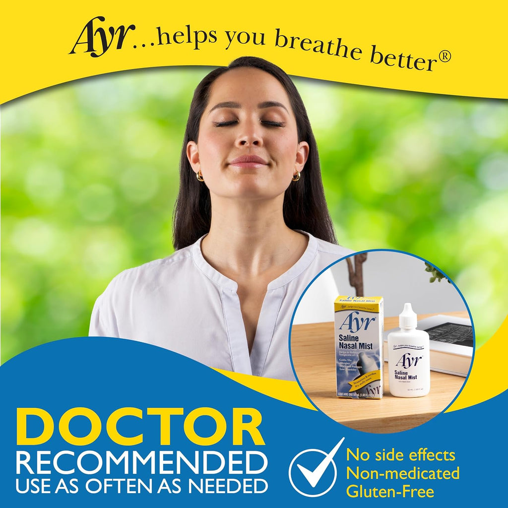 Ayr Saline Nasal Mist Spray 50 mL – Non Medicated Nasal Moisturizer for Dry Nasal Passages Cold and Allergy Relief (Pack of 2)