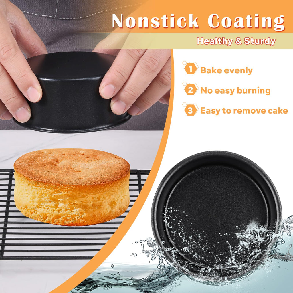 E-far 4 Inch Cake Pan Set of 3, Nonstick Stainless Steel Mini Round Cake Pans Tin, Small Size for Baking Smash Cakes/Cheesecake, Stainless Steel Core & Non-toxic Coating, Straight Side & 2 Inch Deep