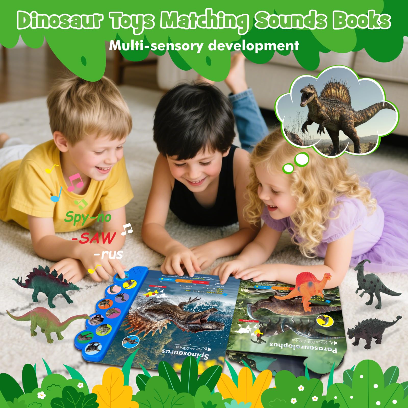 iGRATENS Dinosaur Toys with Sound Books, 10PCS Dino Toy for Toddlers & Animal Sounds Book with 10 Buttons, Realistic Plastic Animal Figures, Dinosaur Toys for Kids 3-5, Dinosaurs Lover Gifts for Kids