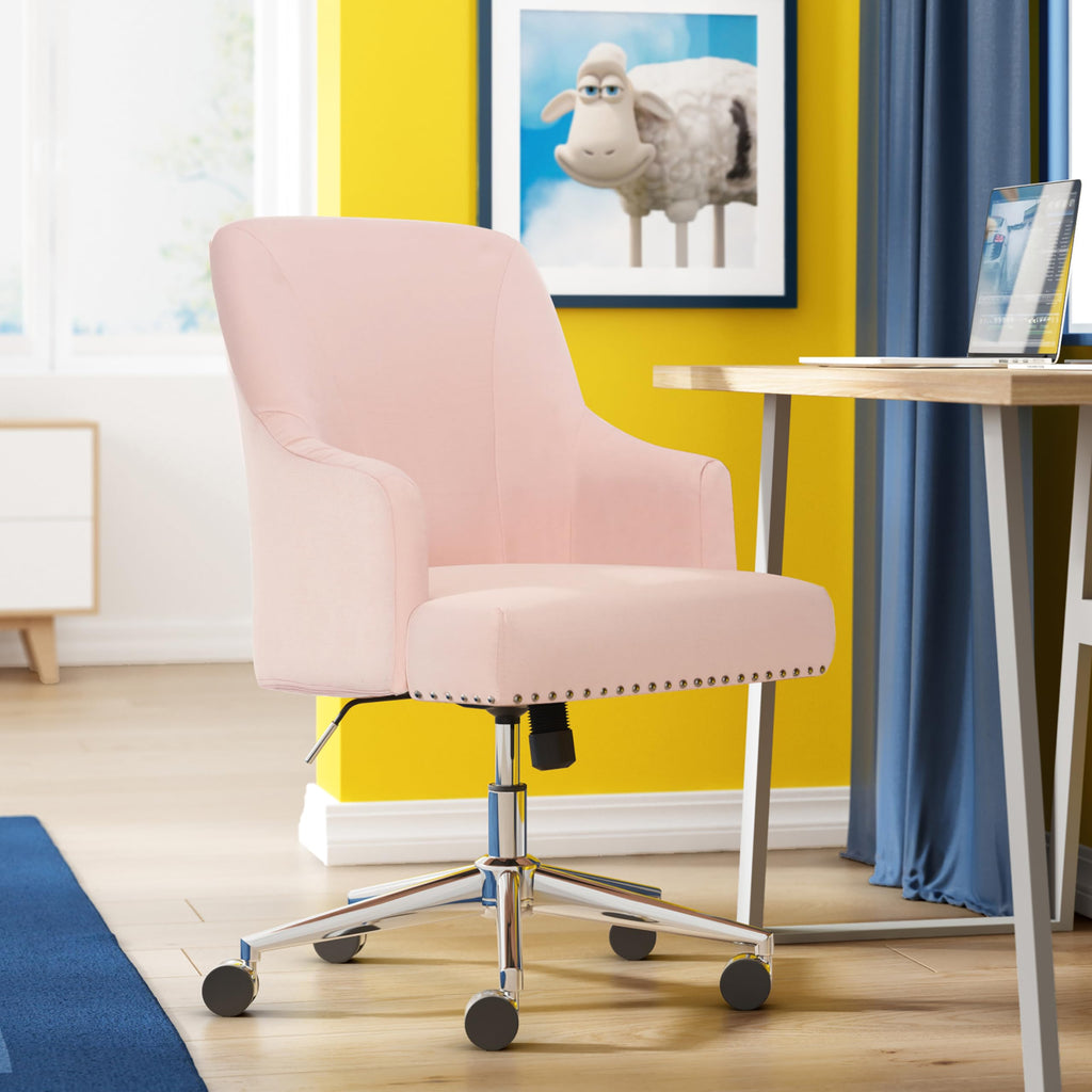 Serta Scarlett Modern Office Chair, Pleated and Curved Mid-Back Desk Chair, Pocket Coil Seat Cushion, Padded Armrests, Vanity Armchair with Wheels, Swivel Gold Base, Beige Velvet Fabric