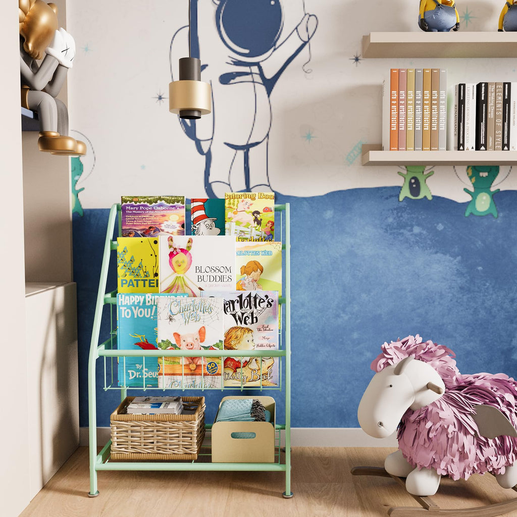 aboxoo Metal Kids Bookshelf Black Large Freestanding for Children Room 32 in Toy Organizer Large Stable Bookcase Bookstore Library Book Unit Storage Kids Bed Living Room