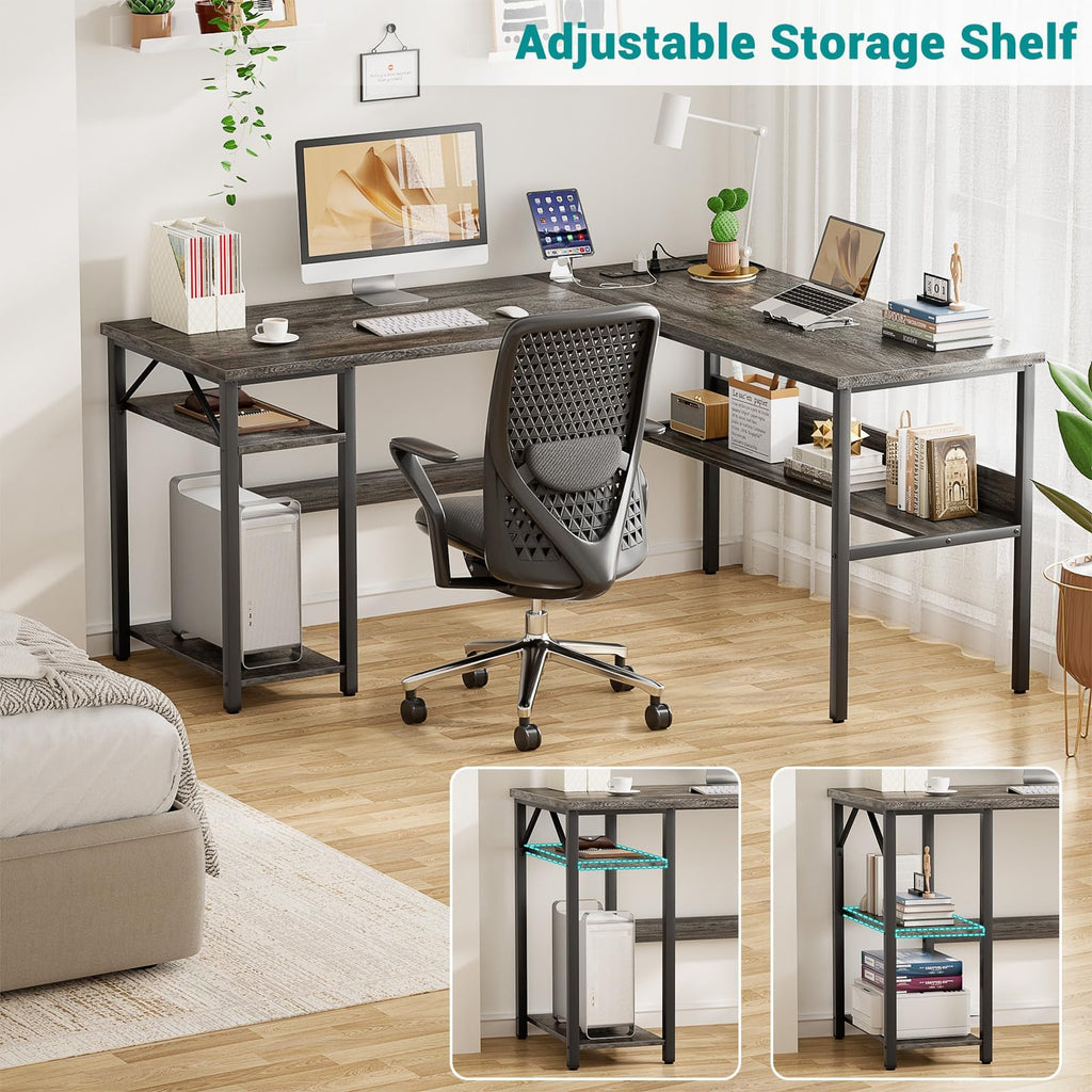 Reversible L Shaped Gaming Desk with Power Outlets and USB Charging Ports, Sturdy Computer Desk with Storage Shelf, Modern Corner Desk Home Office Table, Easy to Assemble, Gray Oak