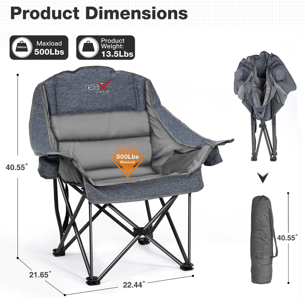 Double Camping Chair Heavy Duty Oversized Padded Loveseat for Adults 2 Person Outdoor Portable Camping Chairs for Lawn, Backyard, Fishing, Trip, Support 600lbs, Grey