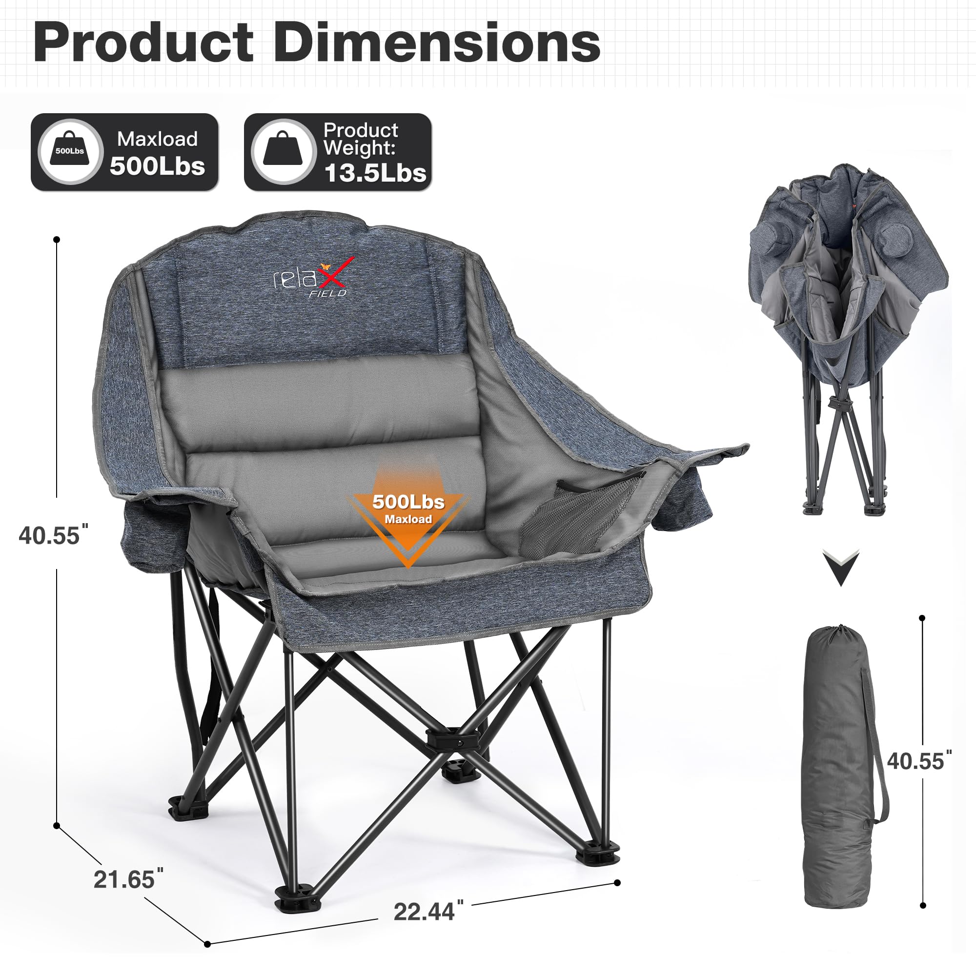 Double Camping Chair Heavy Duty Oversized Padded Loveseat for Adults 2 Person Outdoor Portable Camping Chairs for Lawn, Backyard, Fishing, Trip, Support 600lbs, Grey