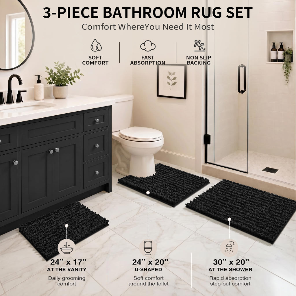 Yimobra Black Bathroom Rug Set 3 Piece - Super Absorbent Quick Dry Chenille Bath Mats & Toilet Rug, Non Slip Machine Washable, Extra Thick Shaggy Floor Mat for Shower Tub Sink