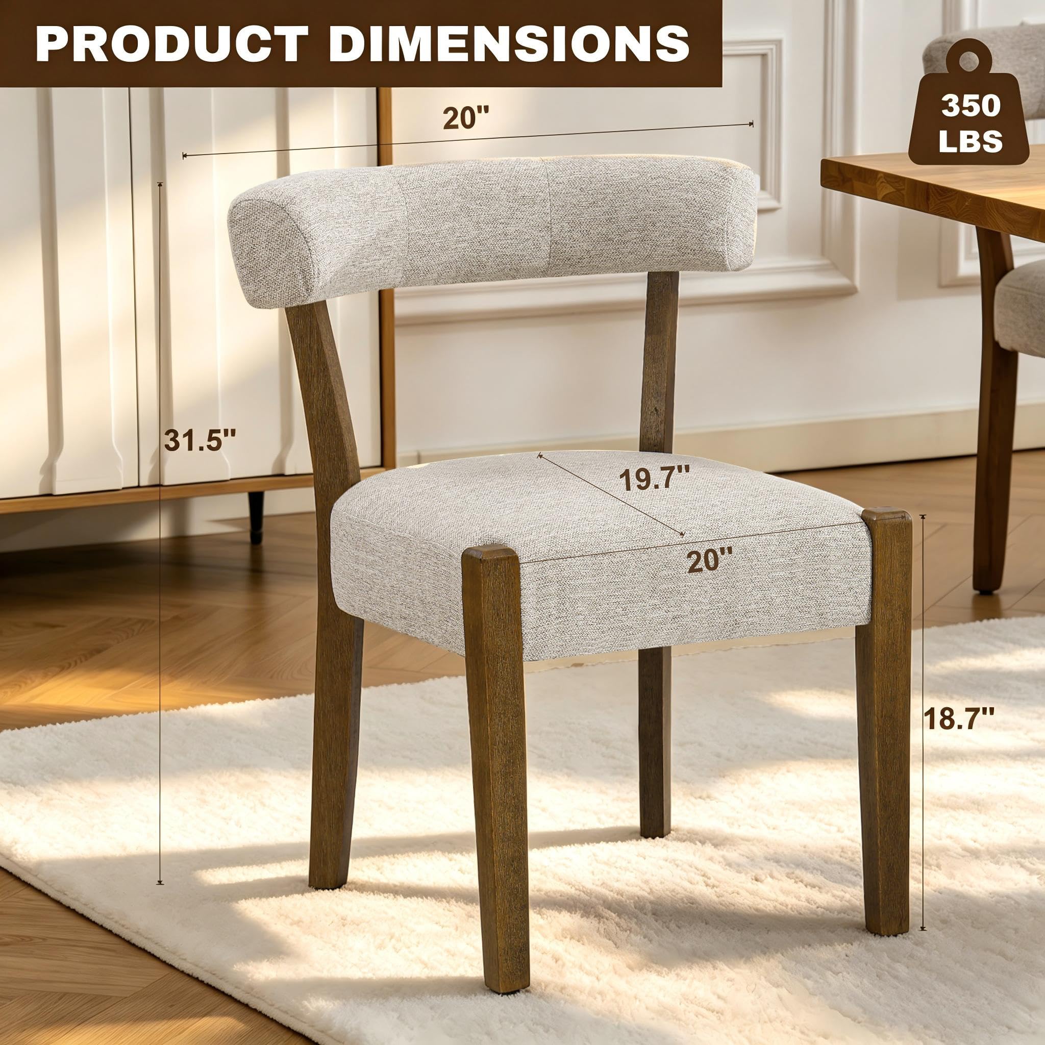 RNKSFX Upholstered Dining Chairs Set of 2, Walnut Wooden Kitchen & Dining Room Chairs, Mid Century Modern Fabric Farmhouse Dining Chairs Oversized Sturdy Rounded Chairs Curved Back, Beige Fabric