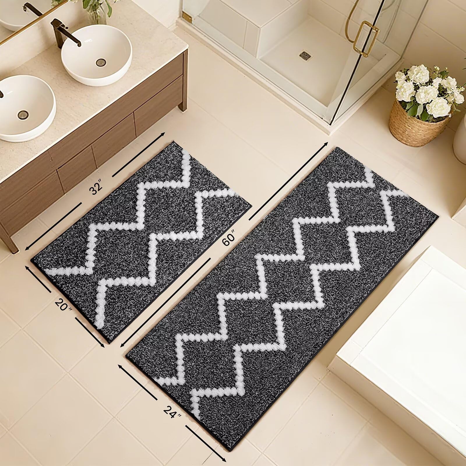 DEXDE Bathroom Rugs Runner 24x47 Long Bath Rug Non Slip Soft Washable Large Bath Mats for Bathroom Bedroom Hallway Kitchen Floor Carpet Modern Boho Decor, Beige