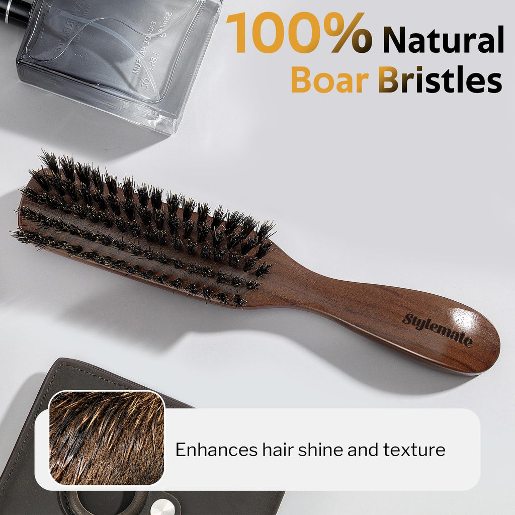 STYLEMATE Boar Bristle Hair Brush for Men, Slick Back Mens Hair Brush with Stiff Bristles for Thick & Fine Hair, Beard Brush with Natural Black Walnut Wooden Handle