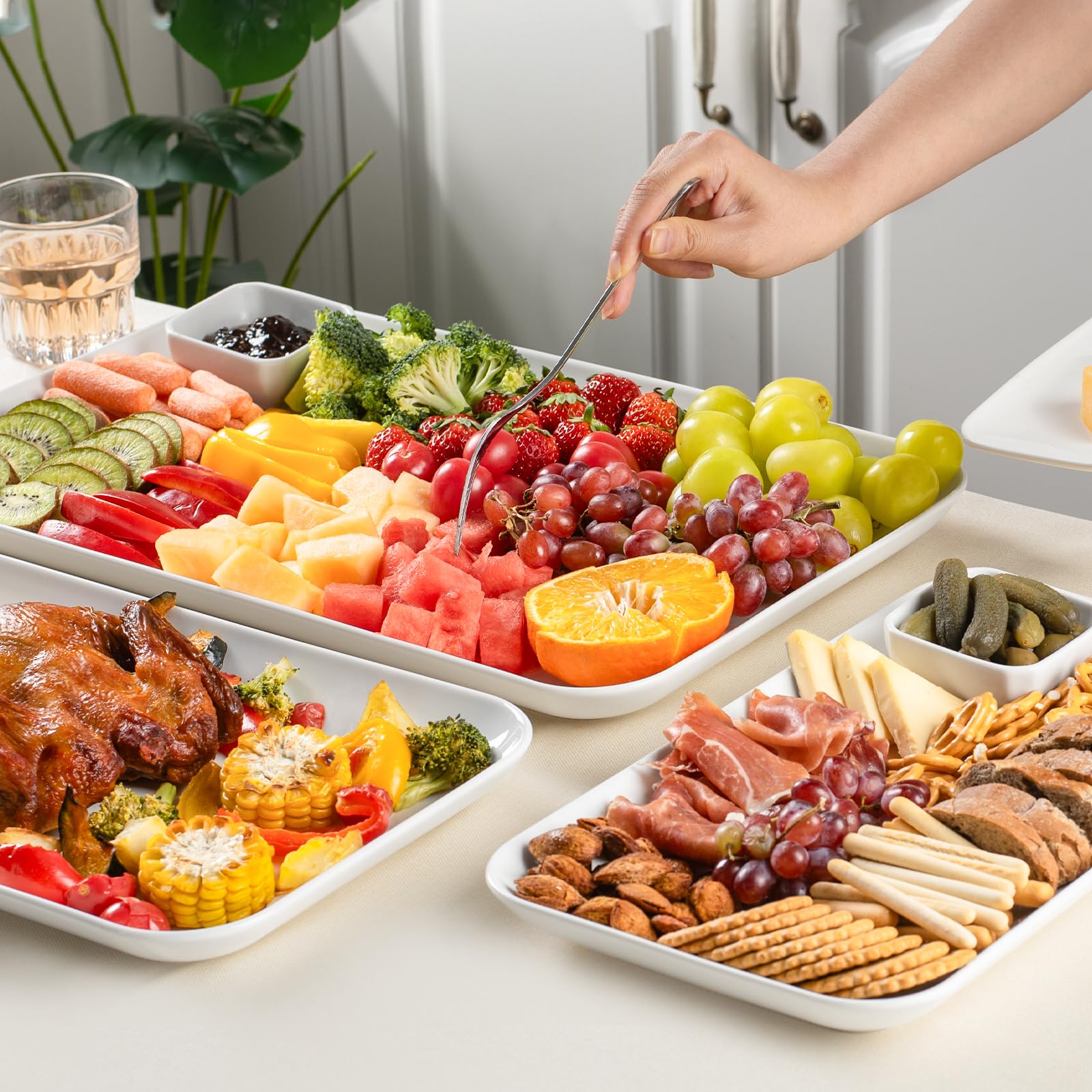 DELLING Large Serving Platter Set of 3, 16/14/12 Inch Porcelain Serving Trays for Party - Black Ceramic Rectangular Platters for Entertaining,Platter for Thanksgiving Christmas, Dishwasher Oven Safe