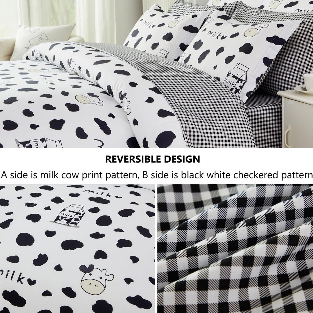 SUCSES Full Size Comforter Set with Sheets 8 Piece Cow Print Bedding Set for Boys Girls Black and White Kids Bed-in-A-Bag Farmhouse Rustic Bed Set for Bedroom (Milk Cow, Full)