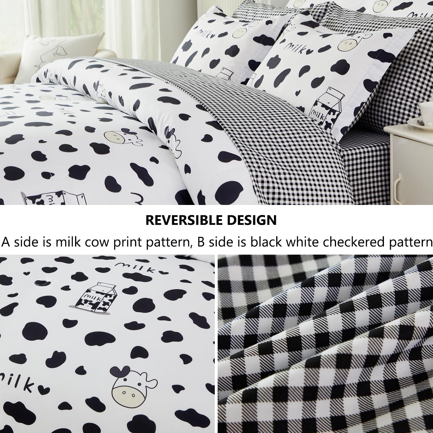 SUCSES Full Size Comforter Set with Sheets 8 Piece Cow Print Bedding Set for Boys Girls Black and White Kids Bed-in-A-Bag Farmhouse Rustic Bed Set for Bedroom (Milk Cow, Full)
