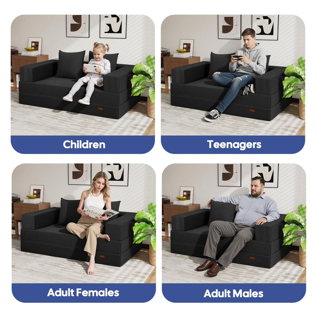 COMAX Futon Sofa Bed, 4‑in‑1 Convertible Sofa Bed, Folding Boneless Couches | Boneless Couch for living room, Fold Out Small Foldable Loveseat Floor Sleeper Mattress Lounge Space‑Saving, Ash Gray