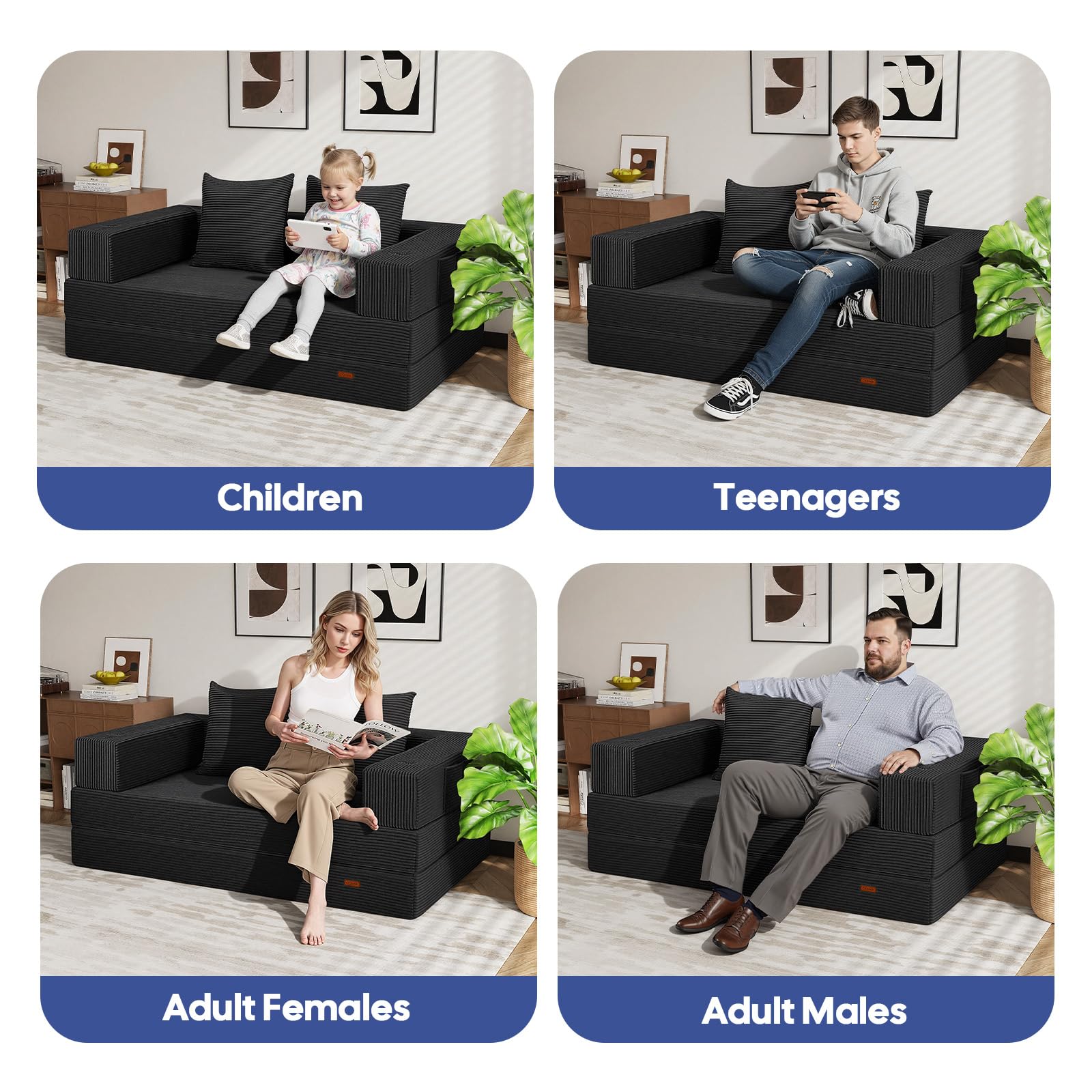COMAX Futon Sofa Bed, 4‑in‑1 Convertible Sofa Bed, Folding Boneless Couches | Boneless Couch for living room, Fold Out Small Foldable Loveseat Floor Sleeper Mattress Lounge Space‑Saving, Ash Gray