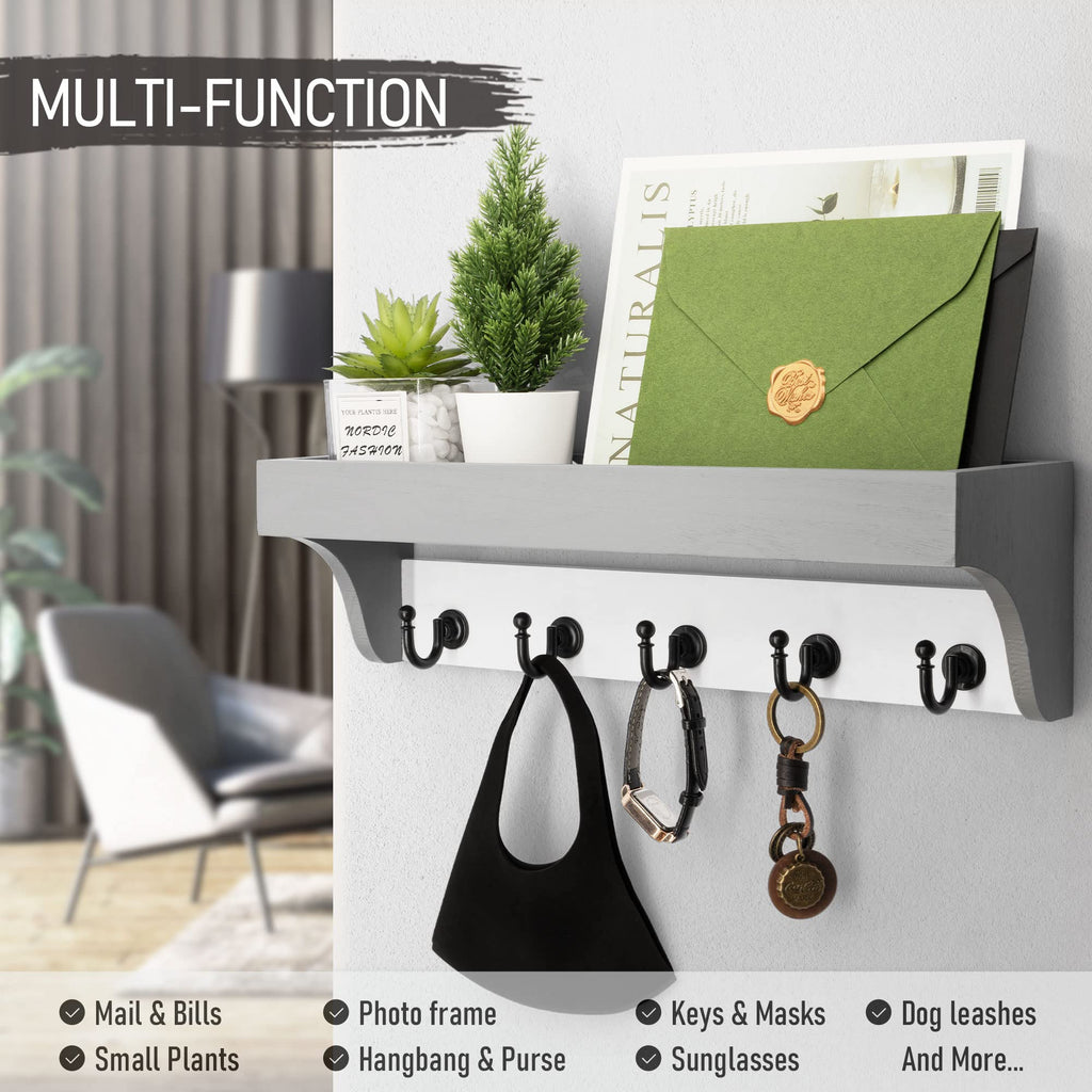 Rebee Vision Acacia Wood Farmhouse Key Holder Wall Mount for Room Decor – Retro Key Holder for Wall with Shelf for Cute Things– Stylish Home Storage for Apartment Essentials (Acacia Wood)