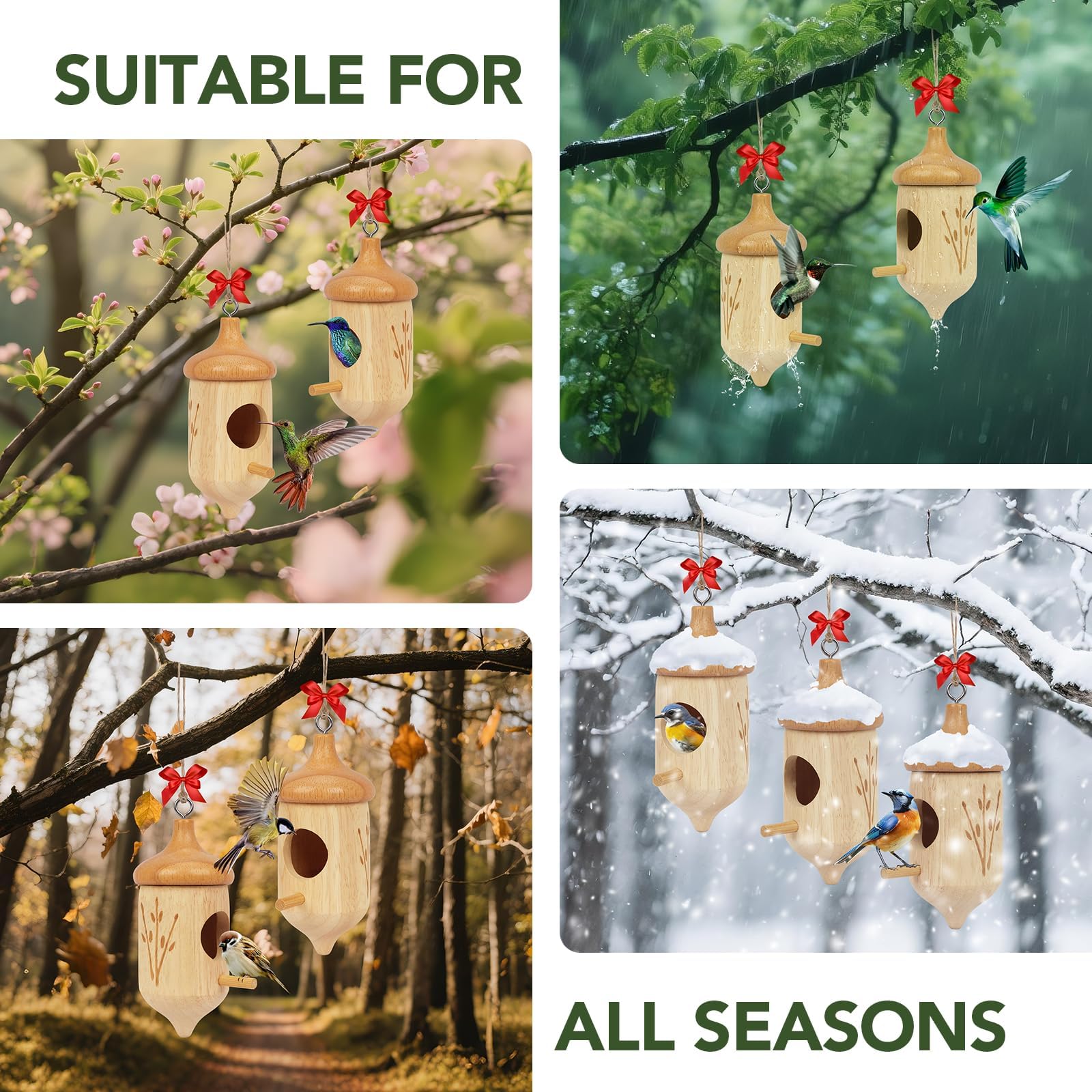 Hummingbird House, Small Hummingbird Houses for Outside, Wooden Bird House with Bow, String, Cute Gardening Gifts Home Decoration