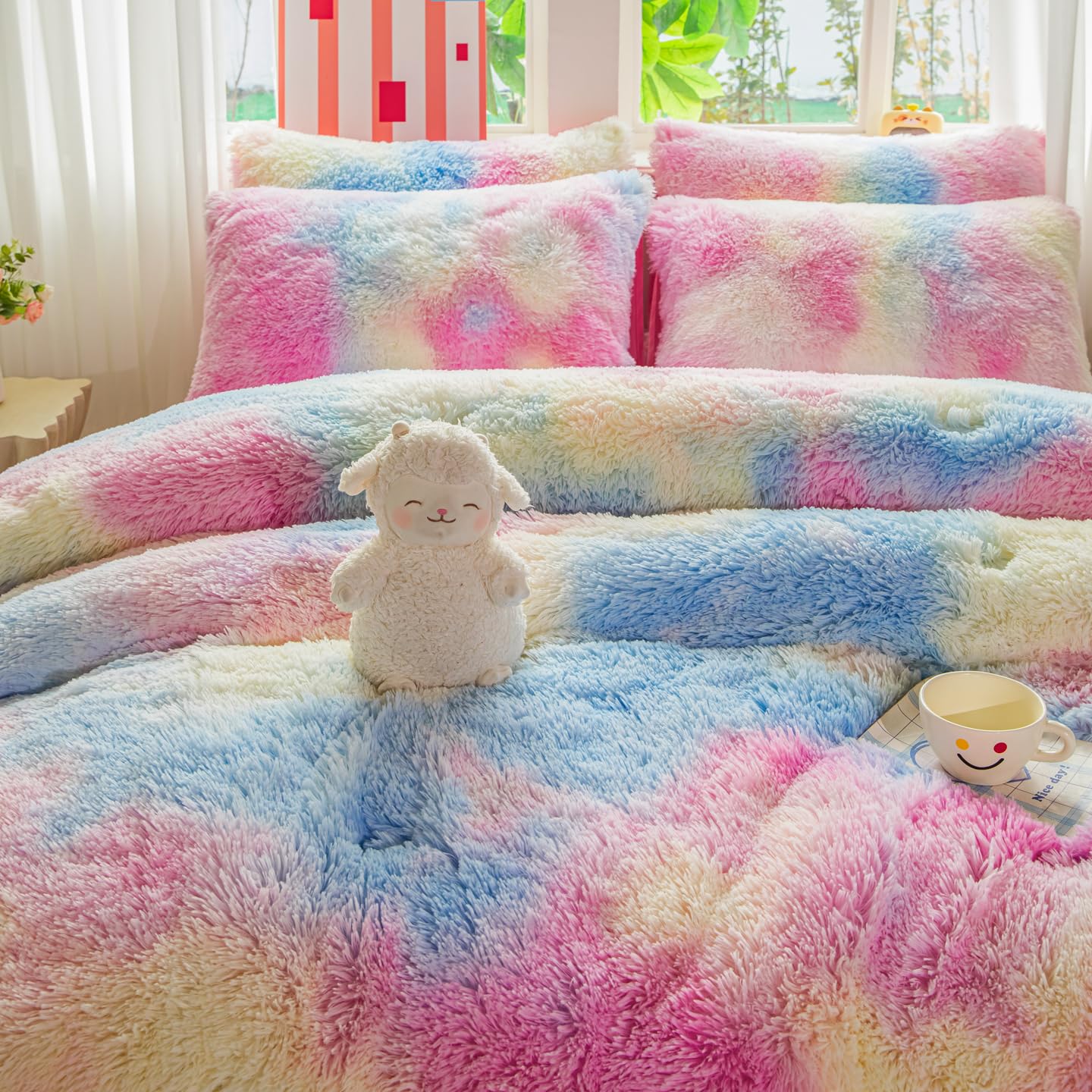 Faux Fur Kids Girls Purple Rainbow Comforter Sets Twin/Full - 3PC Bed Set Warm Comfortable Soft Plush Flannel Velvet Fluffy Fuzzy Bedding（Comforter x 1 Pillowcases x 2）