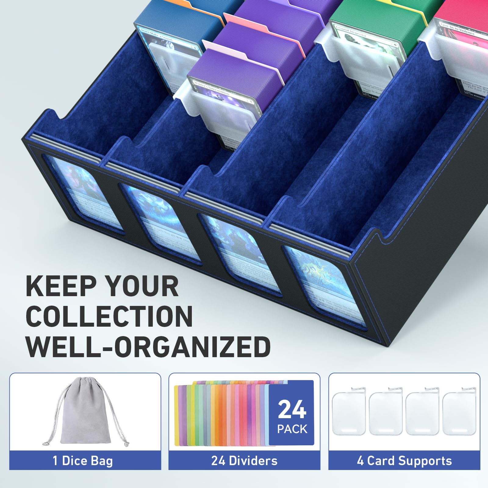 3-Row Trading Card Storage Box, Bulk Cards Case for 2400+ Mtg tcg Magic Playing Game Card Organizer, Commander Deck Box with 3 Supports & 24 Dividers