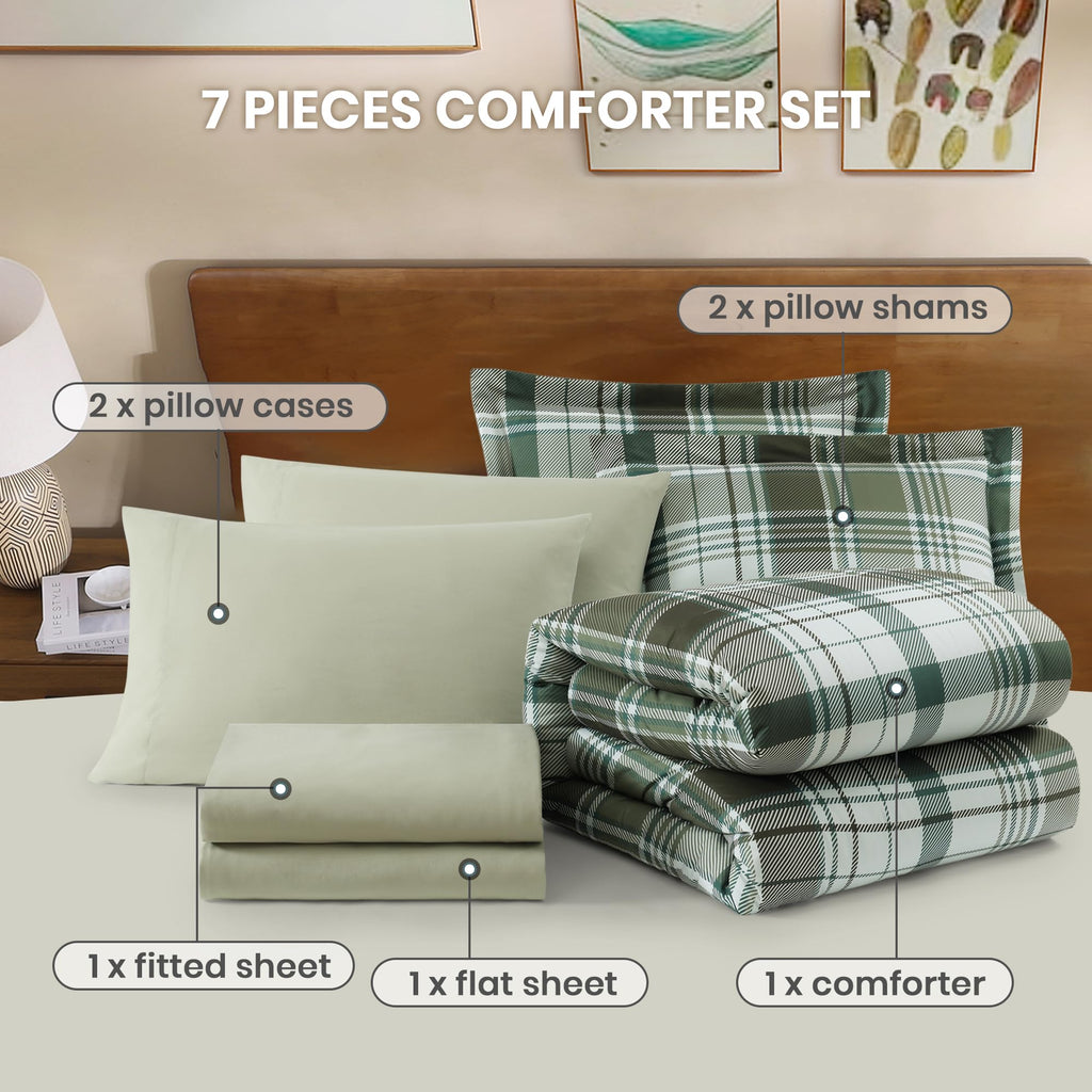 MaiRêve Queen Comforter Set, Classic Plaid Farmhouse Bedding Sets 7 Pieces, Beige All Season Bed in A Bag with Sheets, Pillowcases & Shams