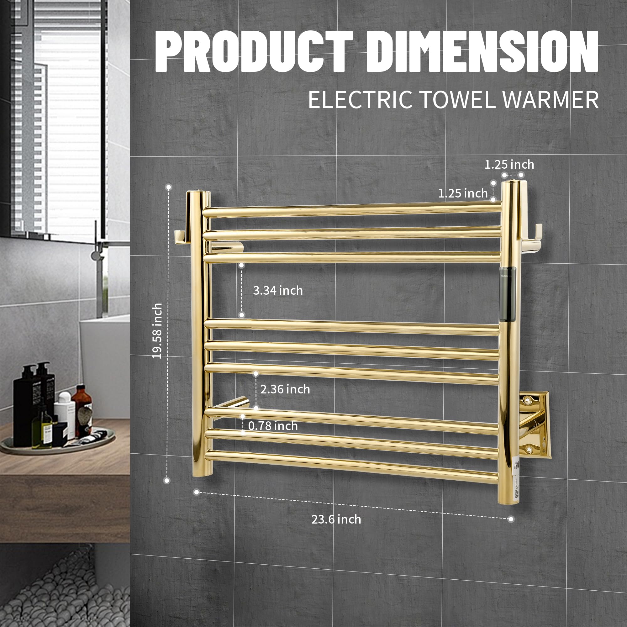 K&KALONZO Wall-Mounted 9-Bar Heated Towel Rack, Fast Heat in 2 Min, NTC Safety | 4 Timers & 3 Heat Levels Control, Plug-In/Hardwired, Top Hooks, Memory Function, Anti-Scald, Stainless Steel, EL13ML