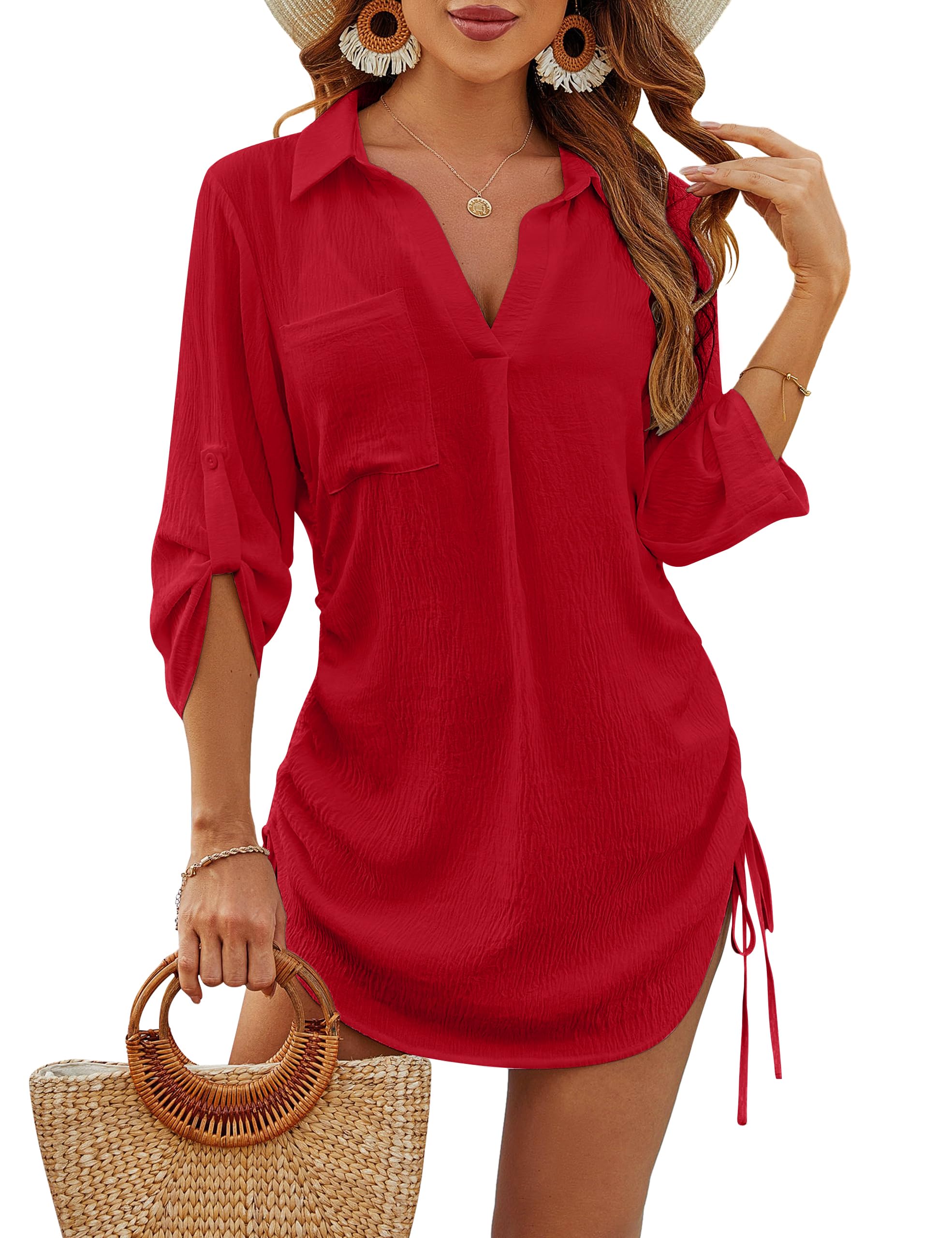 Blooming Jelly Womens Bathing Suit Cover Ups Bikini Swimsuit Coverup Drawstring Beach Dress Shirt
