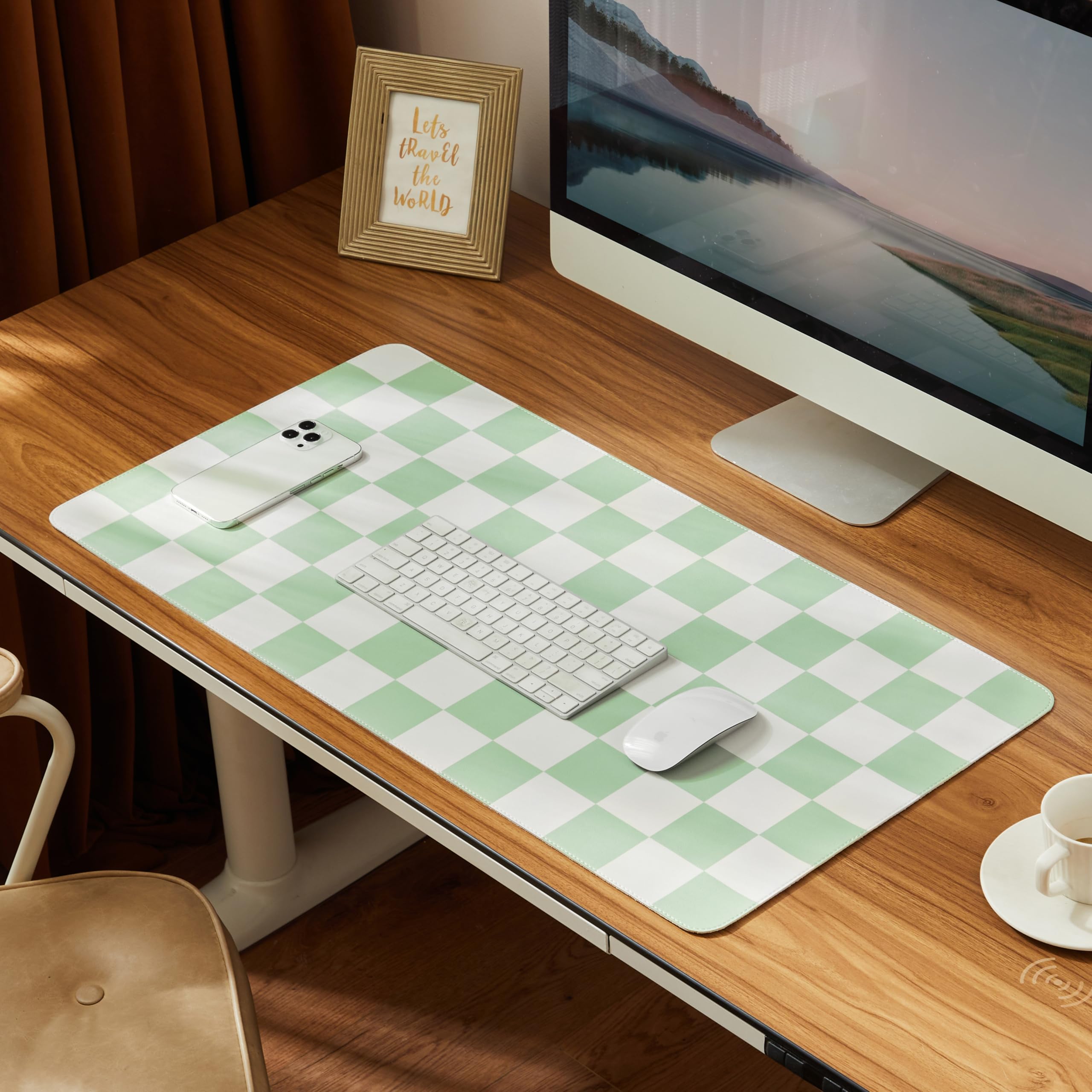 Ohocut Checkered Desk Mat, Large Cute Aesthetic Retro PU Leather Computer Laptop Desk Mat, Non-Slip Waterproof Mouse Keyboard Pad, Desk Writing Mat for Work/Home (Beige, 23.6" x 13.7")