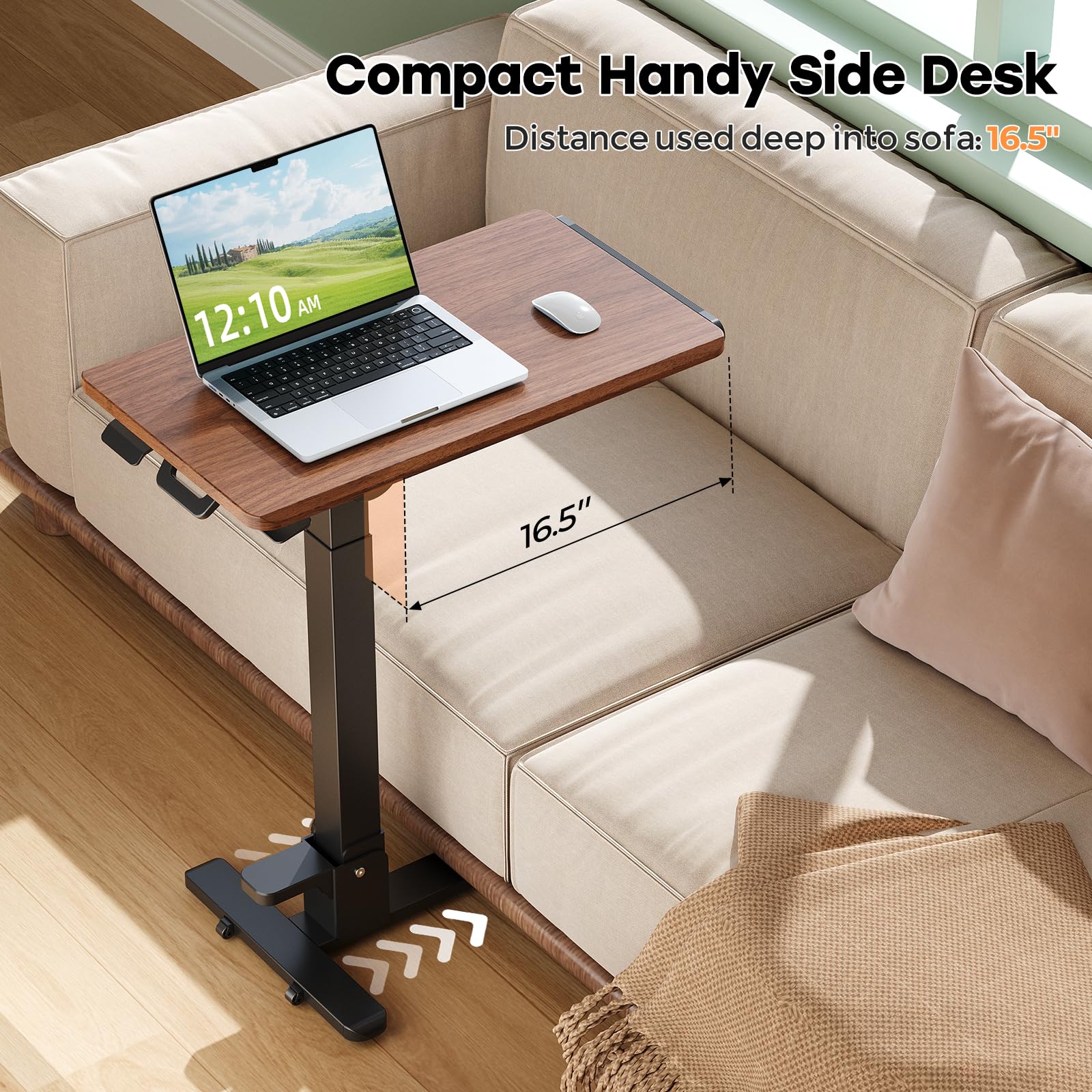 Foldable Mobile Standing Desk, 27 Inch Small Rolling Laptop Cart Height Adjustment, 90° Tiltable Sofaside Table, No Assembly Needed Portable Computer Workstation, Black