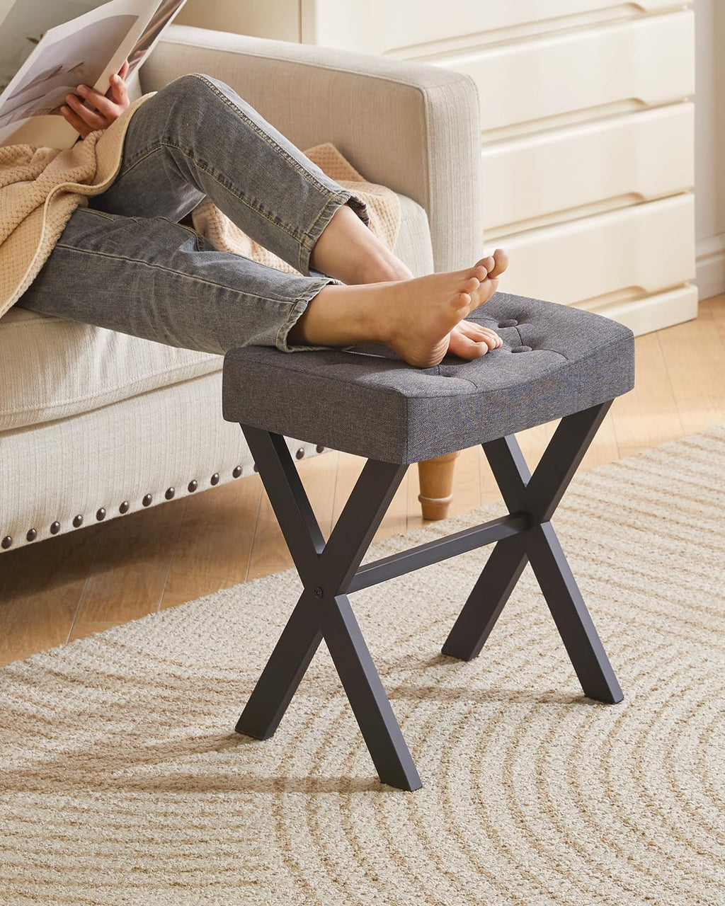 IBUYKE U-Shaped PU Vanity Stool, Square Makeup Chair with X-Leg, Ottoman Seat Footrest Stool, Multi-Use as Small Side Table, for Bedroom, Living Room, Black WBD019B