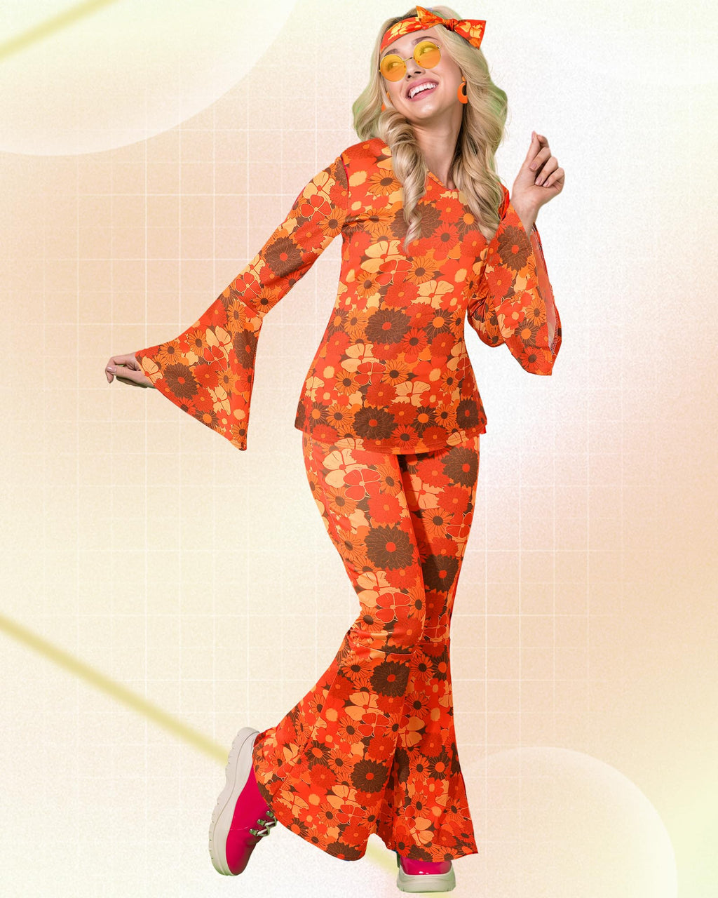 Leumoi 6 Pcs 60s 70s Disco Outfit Women Hippie Costume Accessories Flared Pants Headband Earrings Sunglass