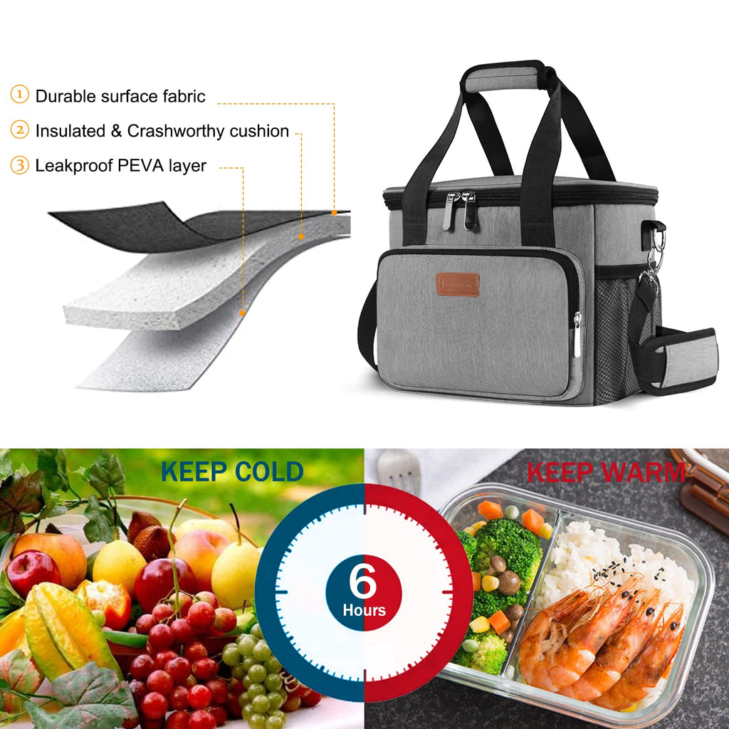 Femuar Lunch Bags for Women/Men, Insulated Lunch Bag for Work Office Picnic - Large Lunch Cooler Bag Leakproof Lunch Box with Adjustable Shoulder Strap for Adults - Grey (15L)
