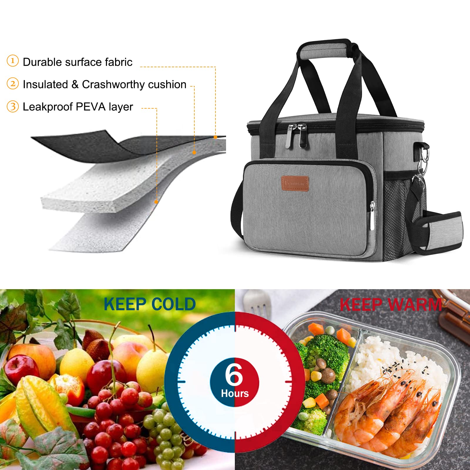 Femuar Lunch Bags for Women/Men, Insulated Lunch Bag for Work Office Picnic - Large Lunch Cooler Bag Leakproof Lunch Box with Adjustable Shoulder Strap for Adults - Grey (15L)