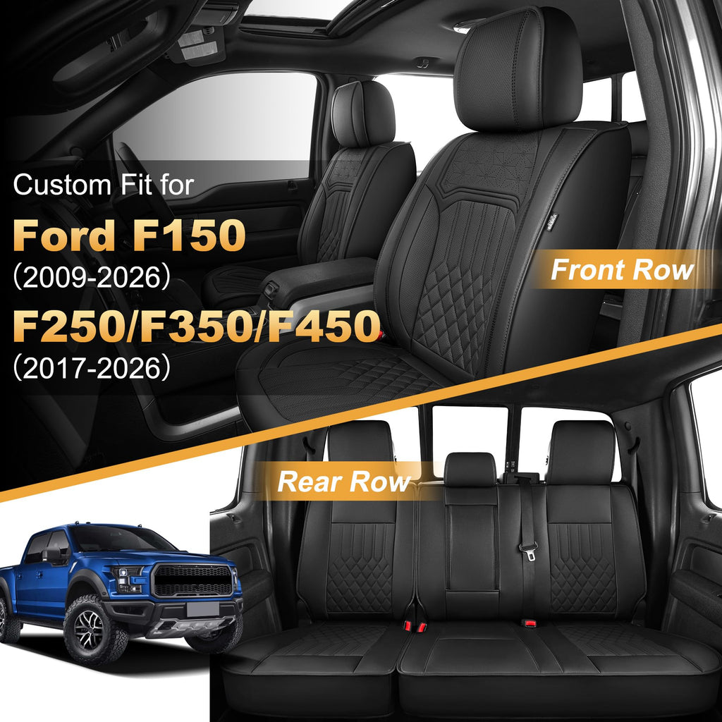 AOMSAZTO Seat Covers Fit for Ford F150 : 2009-2024 2025 2026 - F250/F350/F450 2017-2024 2025 2026 Truck Pick-up Front Car Seat Covers Faux Leather(Blackline, 2PCS Front)