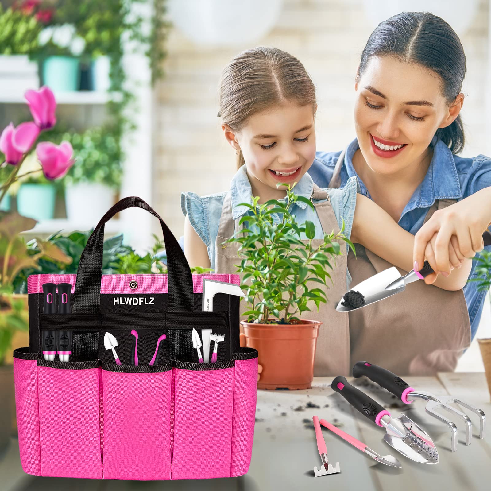 Pink Garden Tool Set Gardening Items for Women - 24PCS Heavy Duty Garden Tools with Detachable Storage Bag, Succulent Tool Set, Weeder