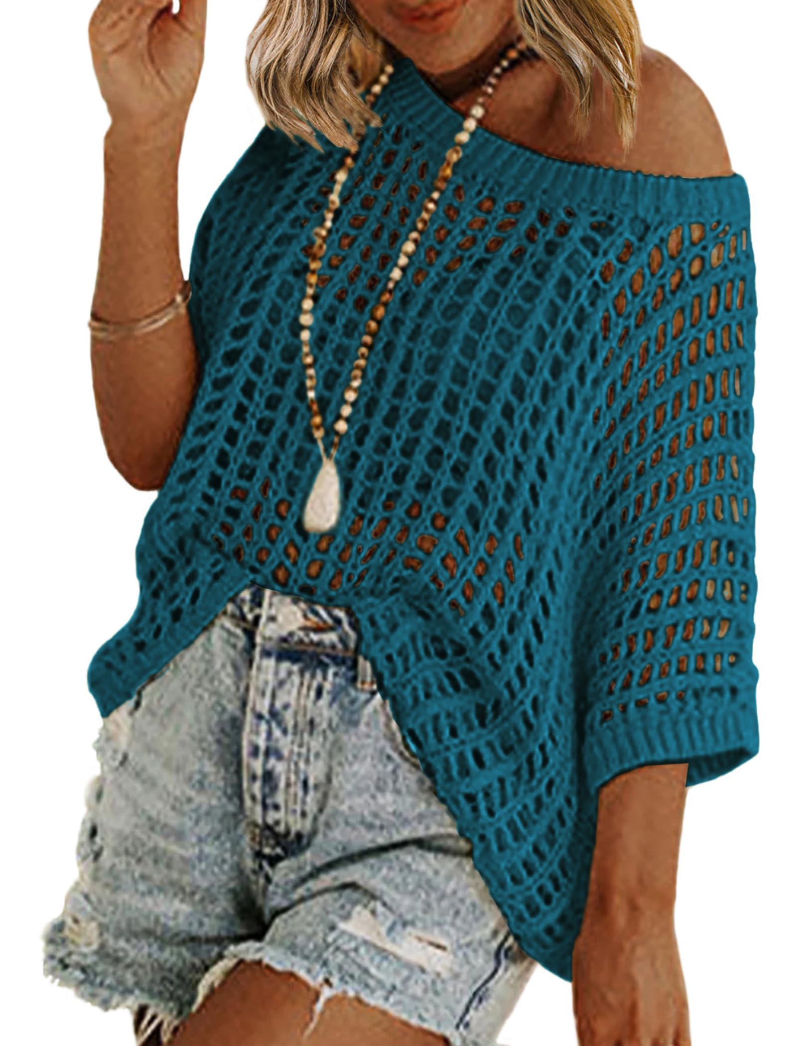 Zeagoo Short Sleeve Crochet Sweater Lightweight Summer Tops Loose Hollow Out Crewneck Pullover