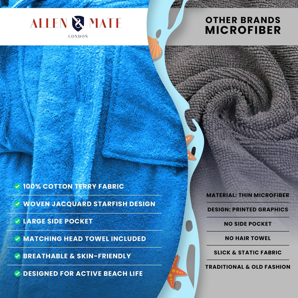 ALLEN & MATE 100% COTTON Hooded Kids Bathrobe – Soft, Medium Weight Absorbent Bath Towel Robe for Boys & Girls, 6-15 Years