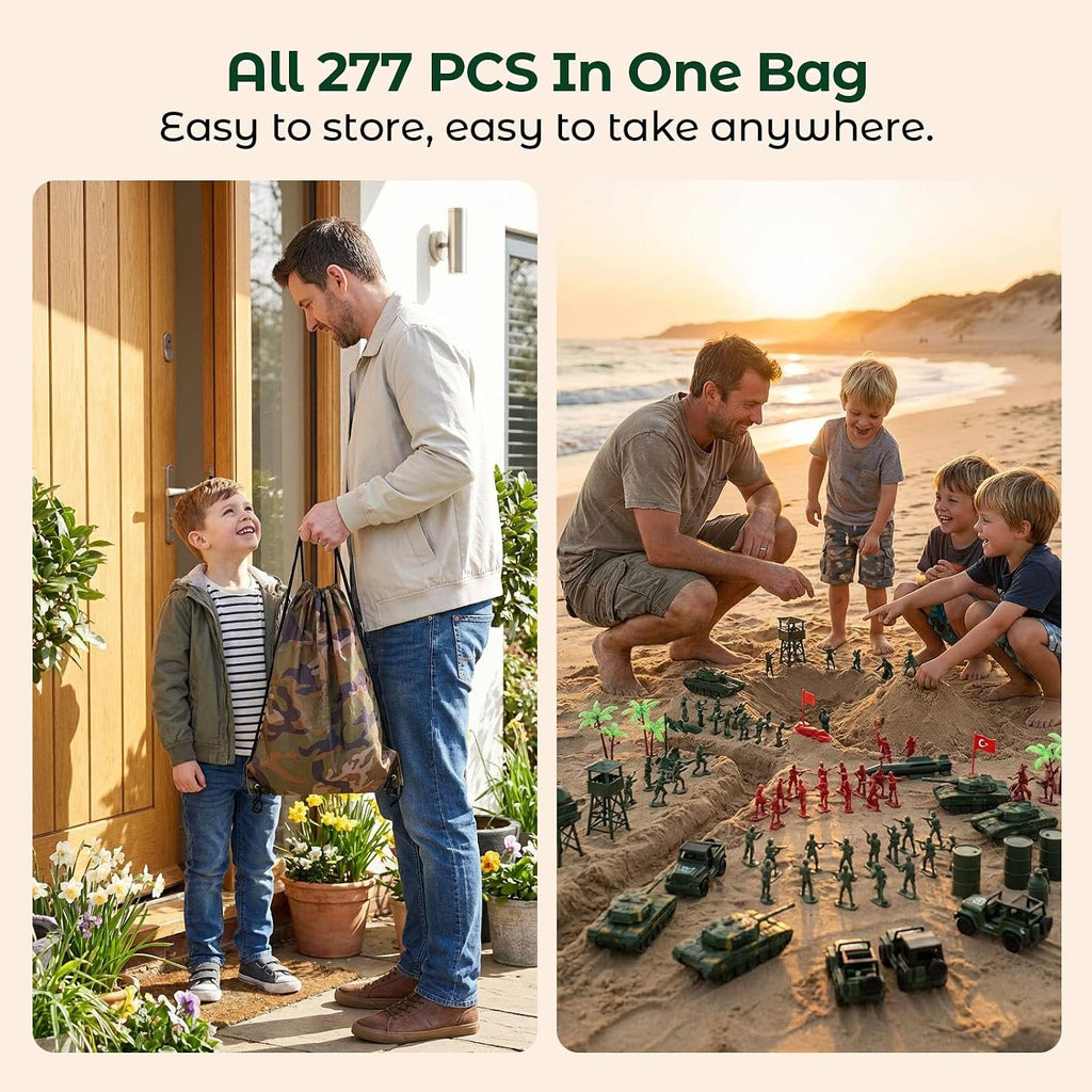 AMOR PRESENT 277 PCS Army Men Military Playset, Army Men Toys for Boys 8-12, Military Soldier Playset Plastic Toy Soldiers Figures and Accessories with Handbag, Stockings Gift for Kid
