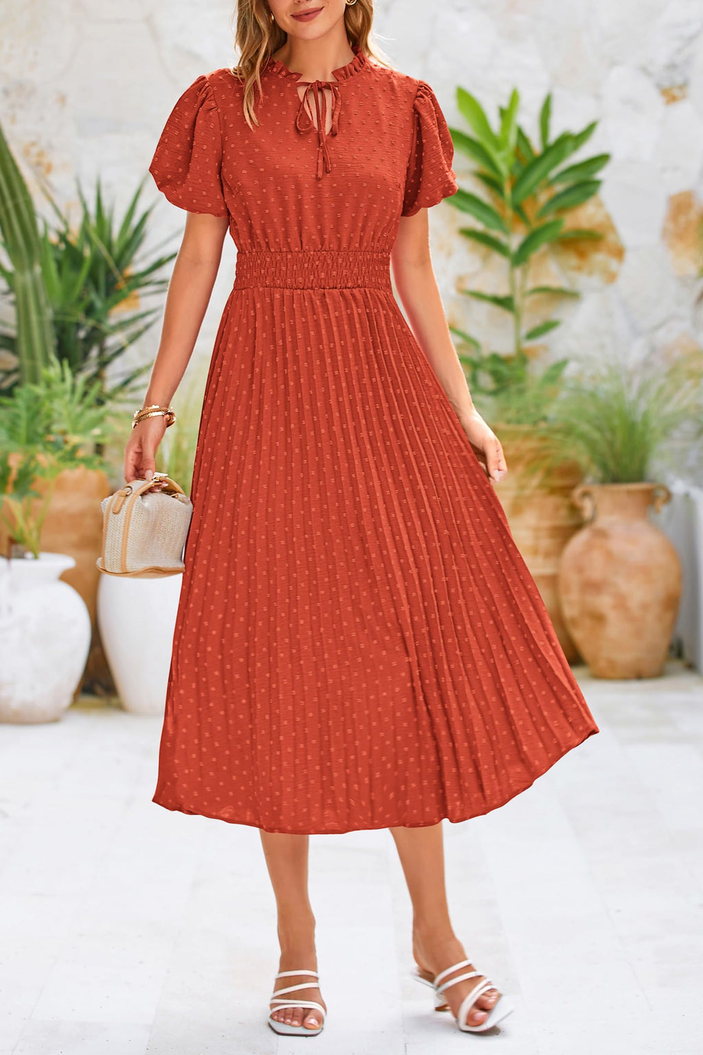 PRETTYGARDEN Womens Summer Midi Dresses Puff Short Sleeve V Neck Swiss Dot Pleated A Line Flowy Long Wedding Guest Dress