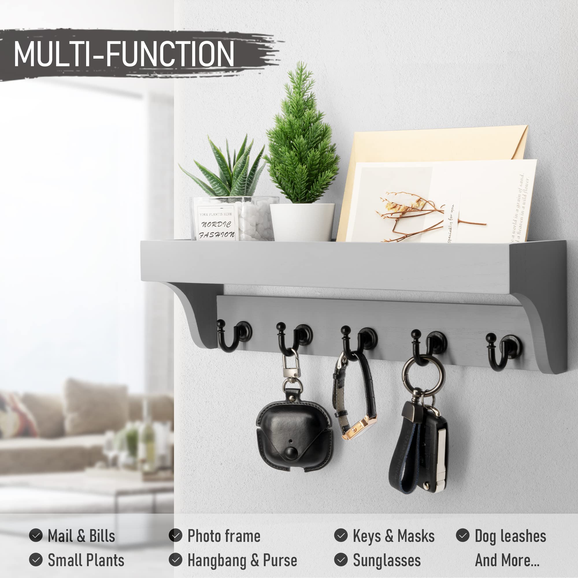 Rebee Vision Acacia Wood Farmhouse Key Holder Wall Mount for Room Decor – Retro Key Holder for Wall with Shelf for Cute Things– Stylish Home Storage for Apartment Essentials (Acacia Wood)