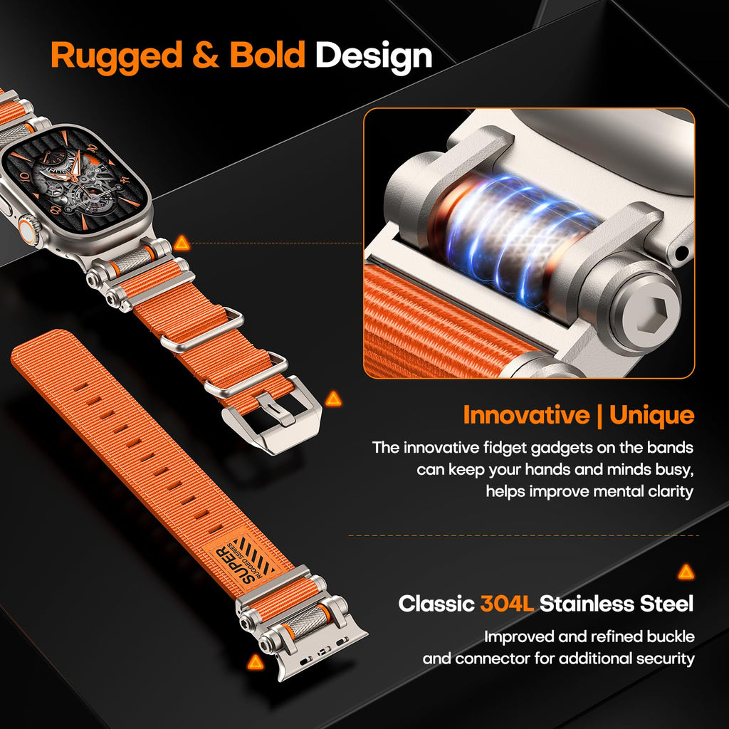 TAURI Nylon for Apple Watch Bands SE/Series 9/8/7/6/5/4 44/45mm, Rugged Nylon Braided Strap & Stainless Steel Connector – iWatch 44mm/45mm Adjustable Woven Band for Men Women, All Black