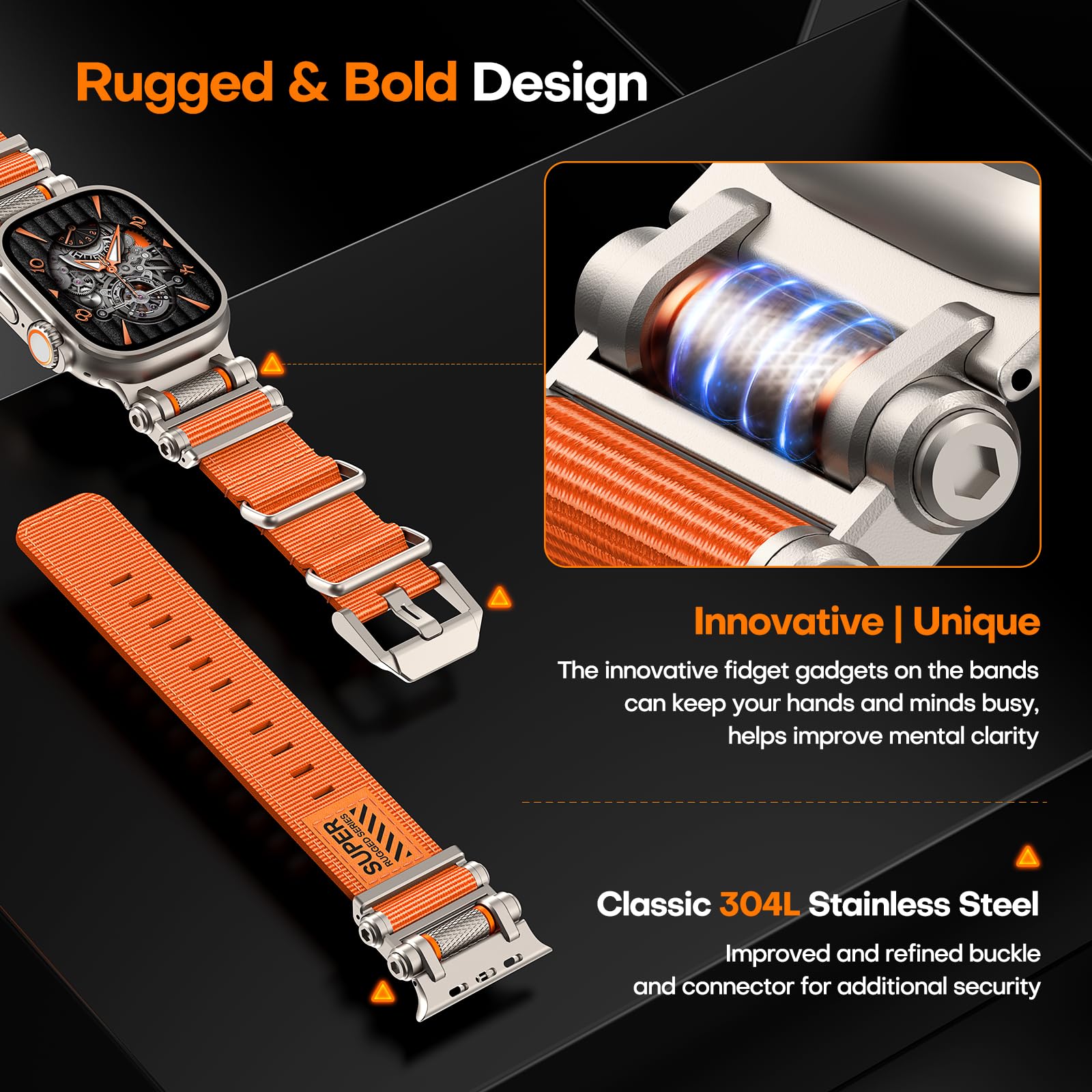 TAURI Nylon for Apple Watch Bands SE/Series 9/8/7/6/5/4 44/45mm, Rugged Nylon Braided Strap & Stainless Steel Connector – iWatch 44mm/45mm Adjustable Woven Band for Men Women, All Black