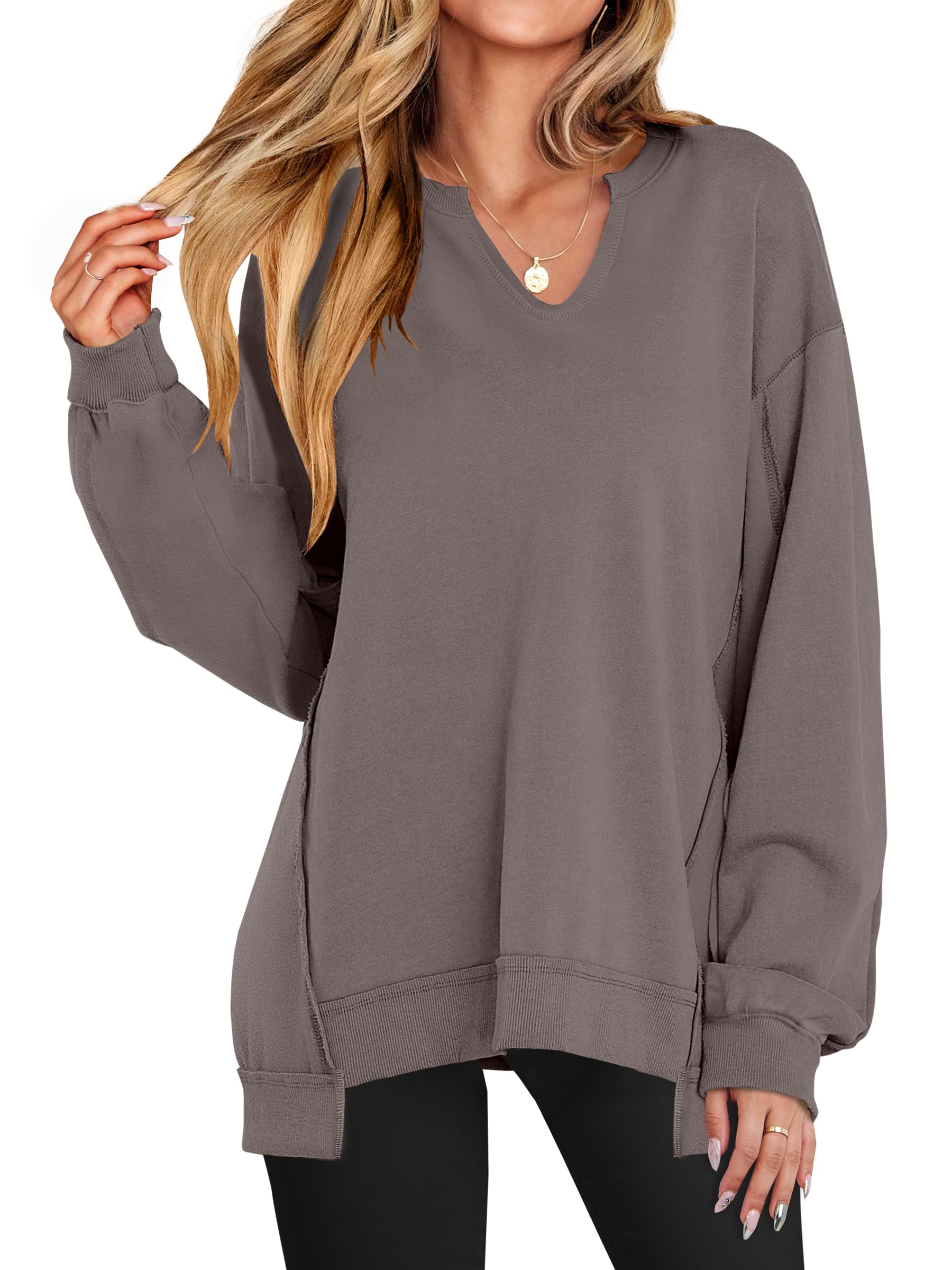 ANRABESS Women's Long Sleeve V-Neck Oversized Sweatshirts | Soft Lightweight Loose Fit Pullover Tops, Casual School Workout Office Tunic Shirts, Teen Girls Outfit, Fall Winter Clothes