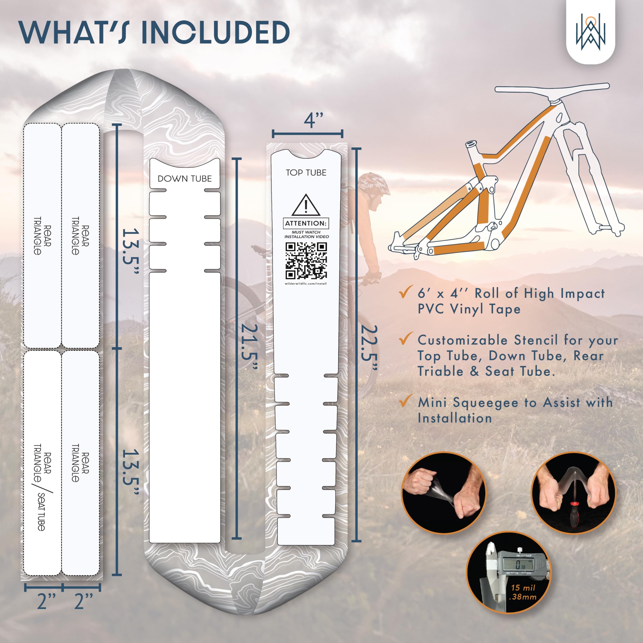 Bike Frame Protection Tape- High Impact Clear Vinyl Wrap Includes Tool (4”x72) Bicycle Frame Protector, Mountain Bike Frame Guard Chainstay Protector (Art Deco)