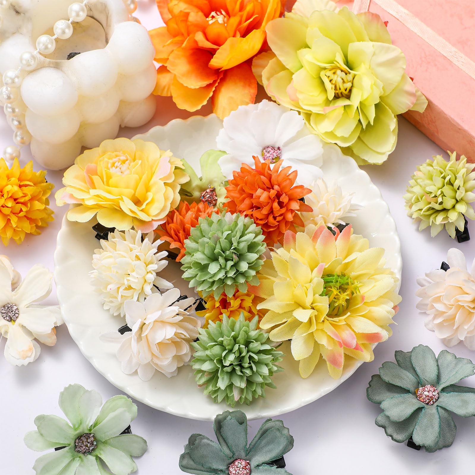 BBTO Flower Hair Clip Rose Hair Clips Barrettes for Women Flower Accessories Boho Bride Claw Clip Hairpin Brooch Pin Headpiece for Wedding(Beige Orange Series,21 Pcs)