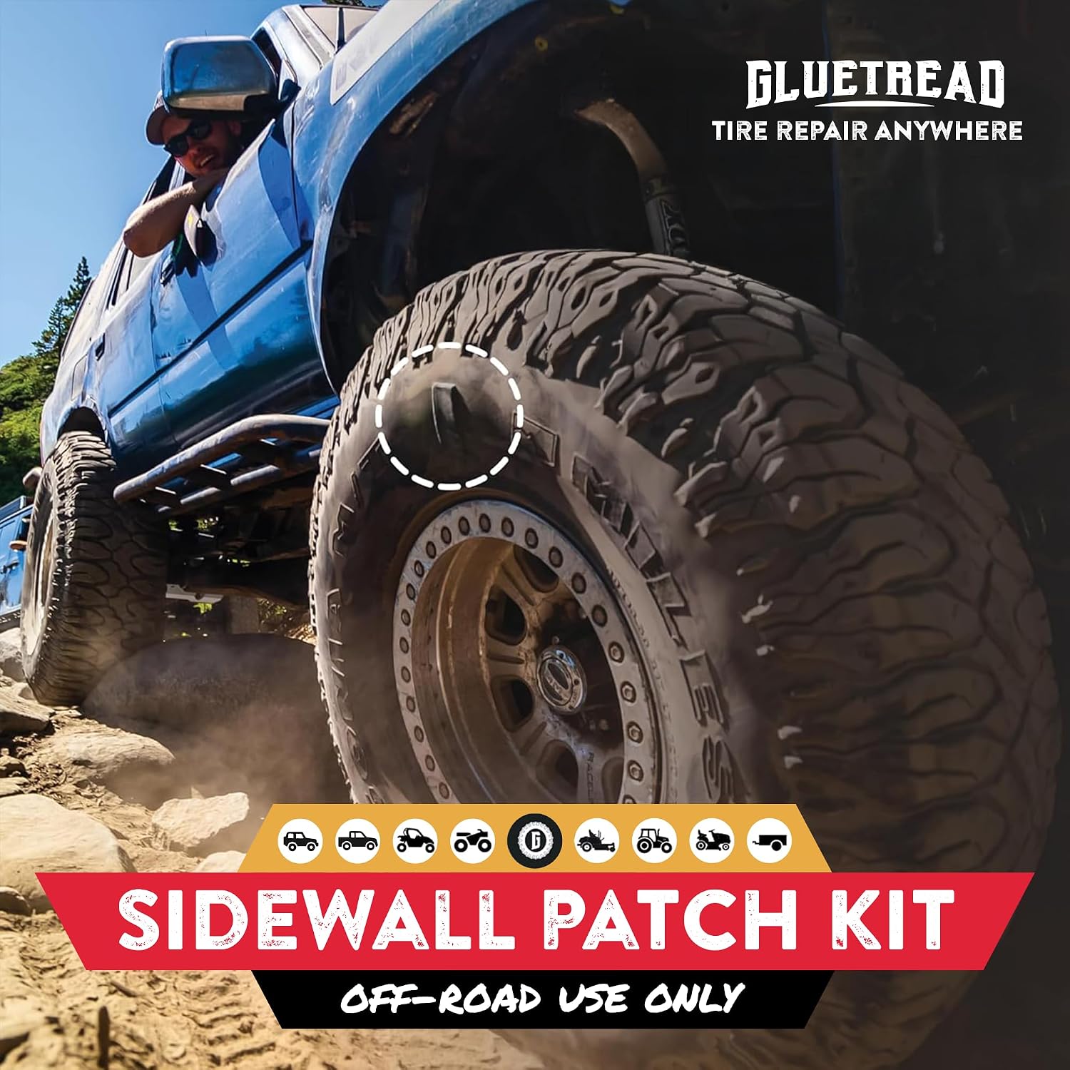 GlueTread Full-Size 4x4 Sidewall Tire Repair Kit | Sidewall Tire Patch Kit Puncture Repair Kit for Off-Road 4x4 Vehicles | Improved Rubber Formula No Accelerator Needed 10 Minutes Curing Time